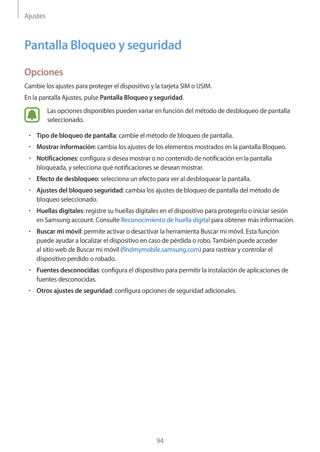 Samsung SM-A510FZKAPHE, SM-A510FEDAPHE, SM-A510FZWAPHE, SM-A510FZDAPHE manual Pantalla Bloqueo y seguridad, Opciones 