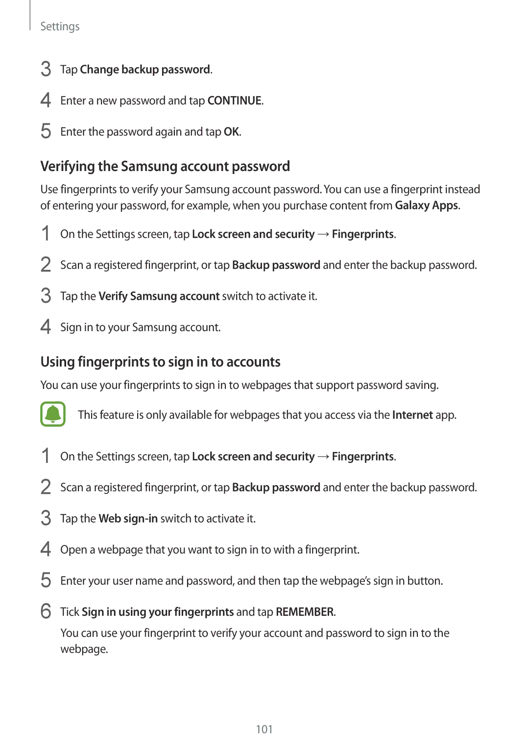 Samsung SM-A510FZDFKSA, SM-A510FEDFKSA Verifying the Samsung account password, Using fingerprints to sign in to accounts 