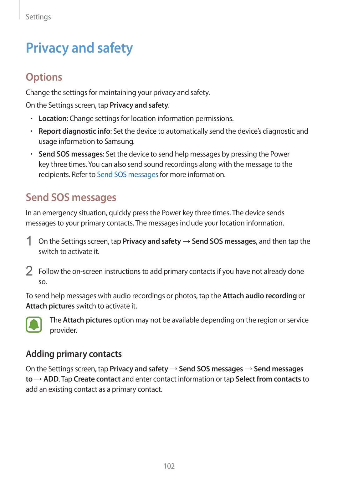 Samsung SM-A510FZDFXXV, SM-A510FEDFKSA, SM-A510FZKFKSA manual Privacy and safety, Send SOS messages, Adding primary contacts 