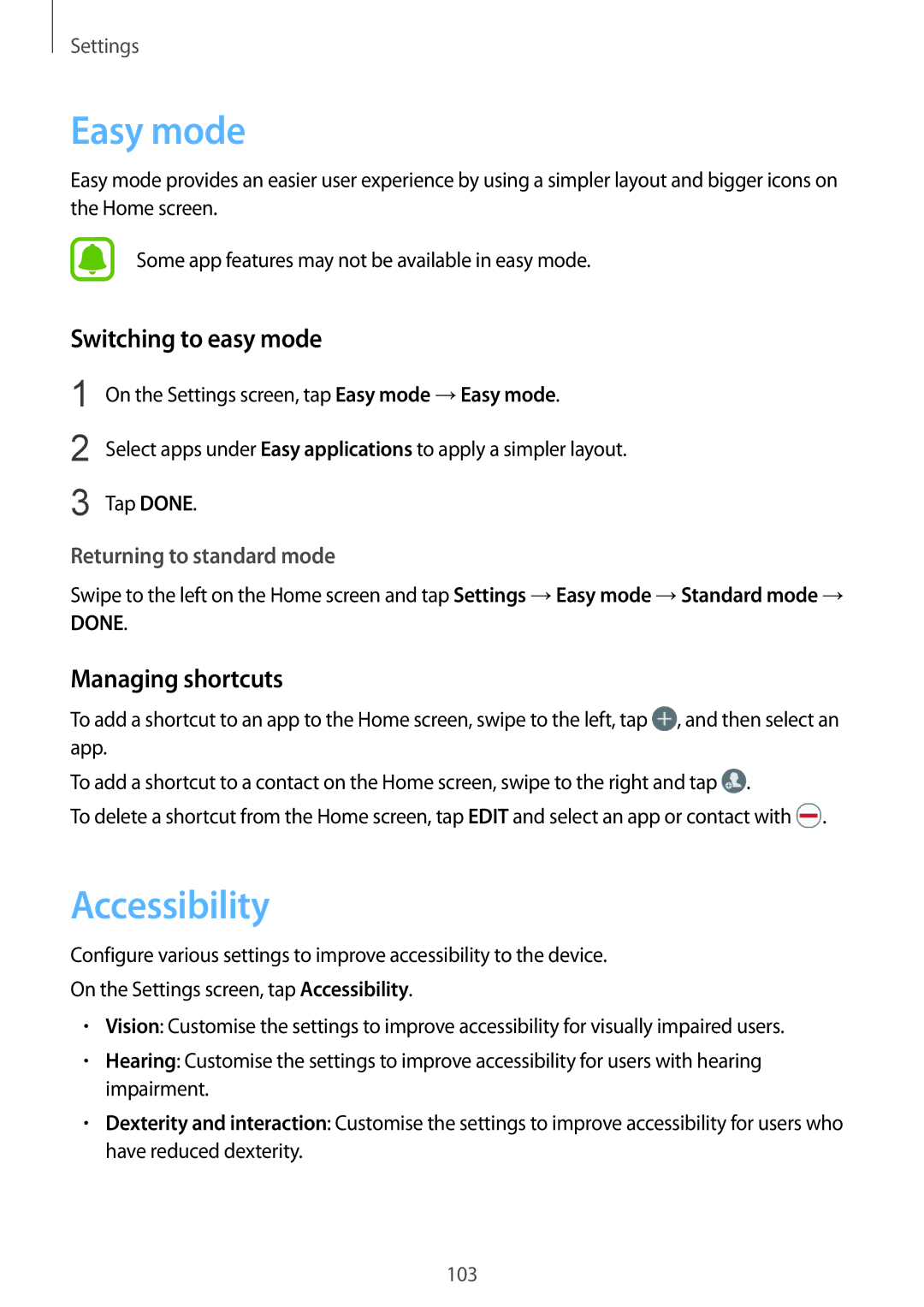 Samsung SM-A510FZKFXXV, SM-A510FEDFKSA manual Easy mode, Accessibility, Switching to easy mode, Managing shortcuts, Tap Done 