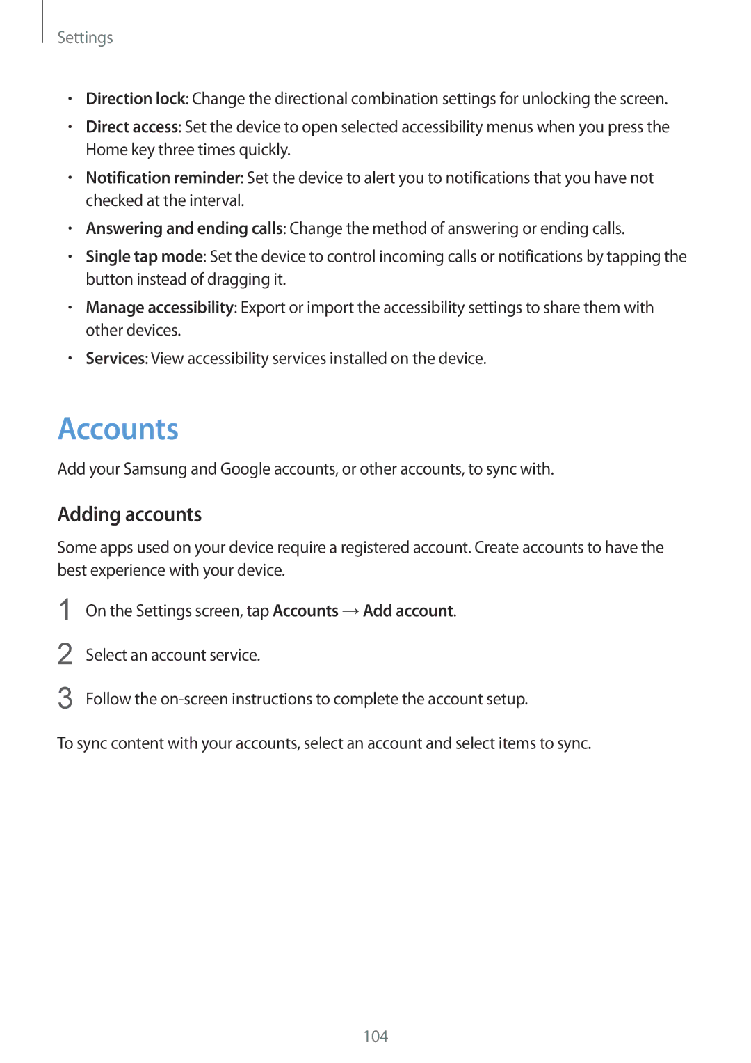 Samsung SM-A510FEDFXXV, SM-A510FEDFKSA, SM-A510FZKFKSA, SM-A510FZWFKSA, SM-A510FZDFKSA manual Accounts, Adding accounts 