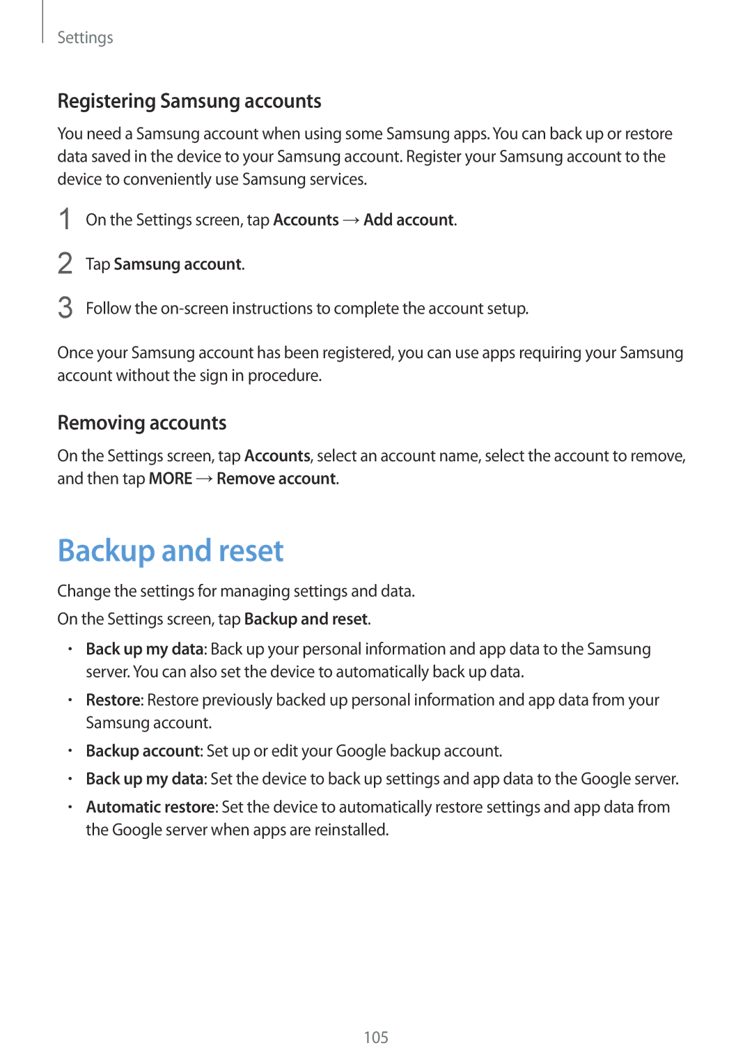 Samsung SM-A510FEDFKSA manual Backup and reset, Registering Samsung accounts, Removing accounts, Tap Samsung account 