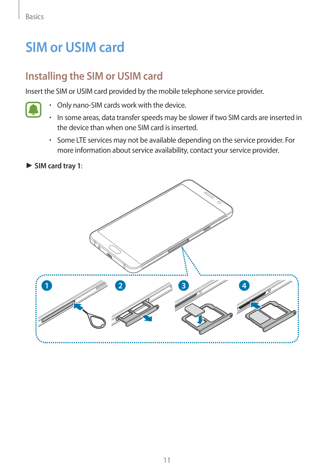 Samsung SM-A510FZDFXXV, SM-A510FEDFKSA, SM-A510FZKFKSA, SM-A510FZWFKSA Installing the SIM or Usim card, SIM card tray 