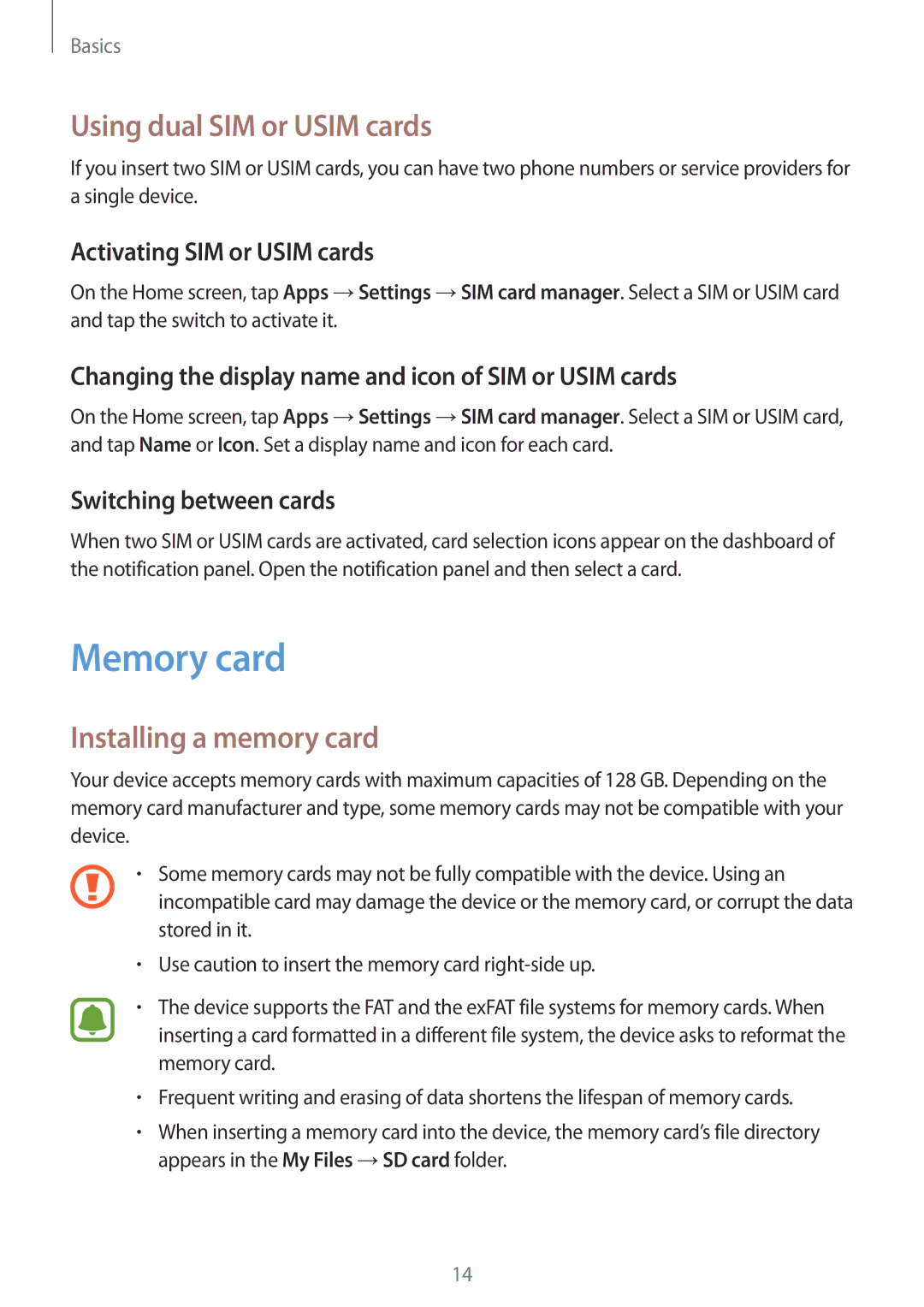 Samsung SM-A510FEDFKSA, SM-A510FZKFKSA, SM-A510FZWFKSA Memory card, Using dual SIM or Usim cards, Installing a memory card 