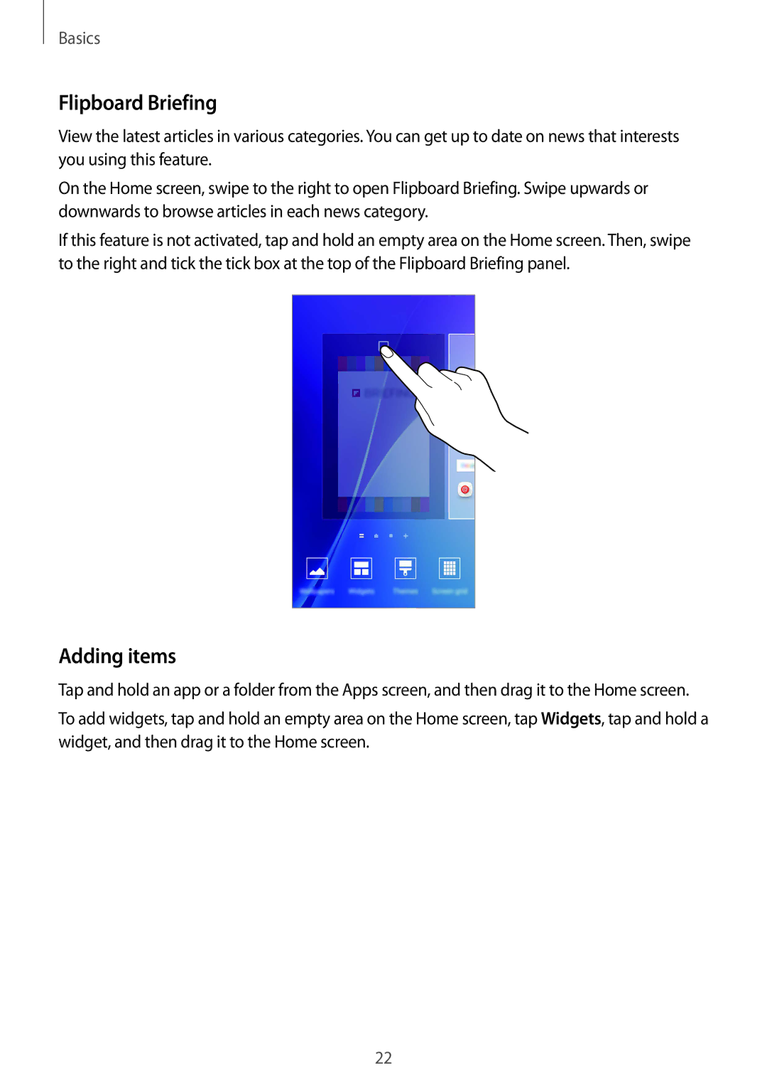 Samsung SM-A510FZKFKSA, SM-A510FEDFKSA, SM-A510FZWFKSA, SM-A510FZDFKSA, SM-A510FZDFXXV manual Flipboard Briefing, Adding items 