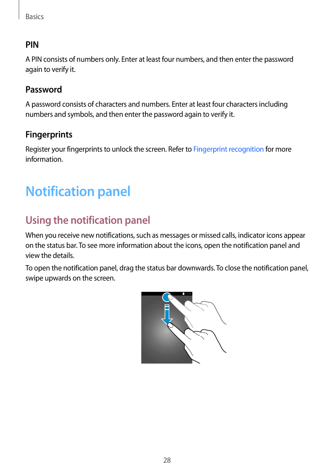 Samsung SM-A510FEDFKSA, SM-A510FZKFKSA manual Notification panel, Using the notification panel, Password, Fingerprints 