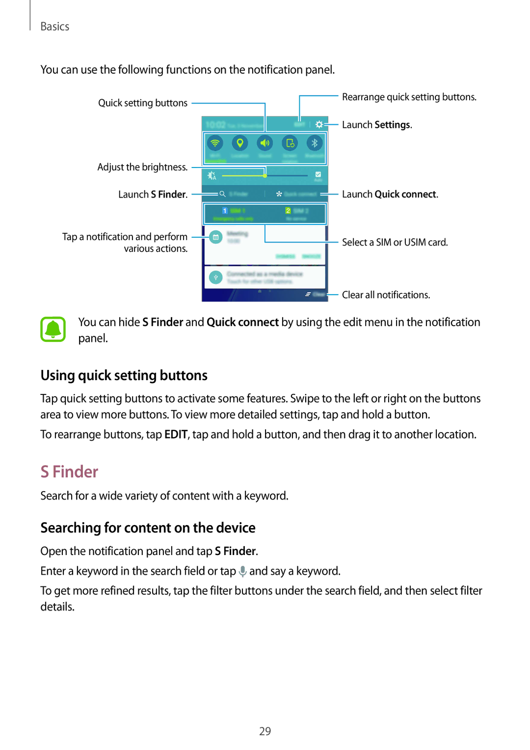 Samsung SM-A510FZKFKSA, SM-A510FEDFKSA manual Finder, Using quick setting buttons, Searching for content on the device 