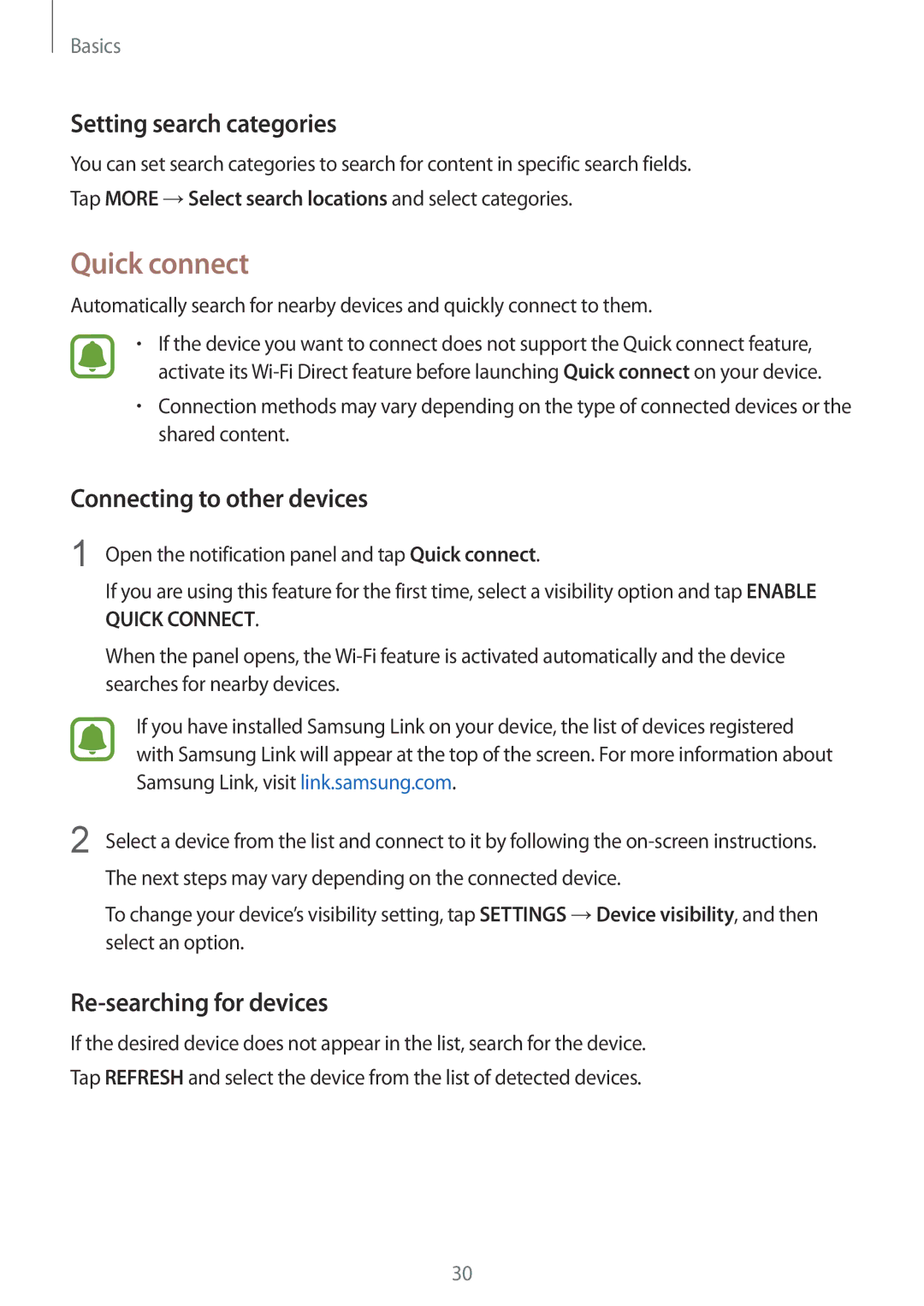 Samsung SM-A510FZWFKSA Quick connect, Setting search categories, Connecting to other devices, Re-searching for devices 