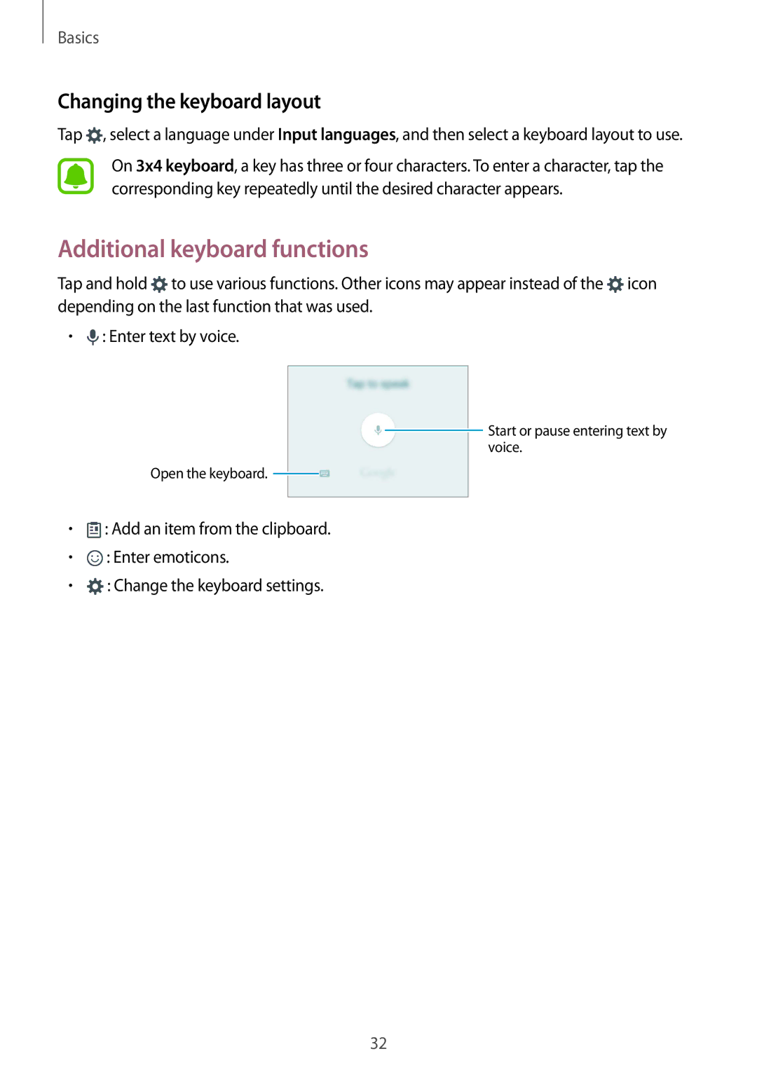 Samsung SM-A510FZDFXXV, SM-A510FEDFKSA, SM-A510FZKFKSA manual Additional keyboard functions, Changing the keyboard layout 