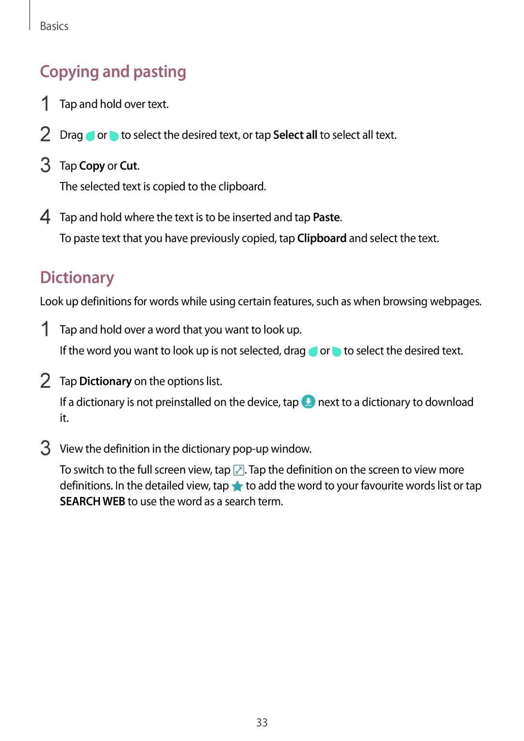 Samsung SM-A510FZKFXXV, SM-A510FEDFKSA Copying and pasting, Dictionary, Tap and hold over a word that you want to look up 