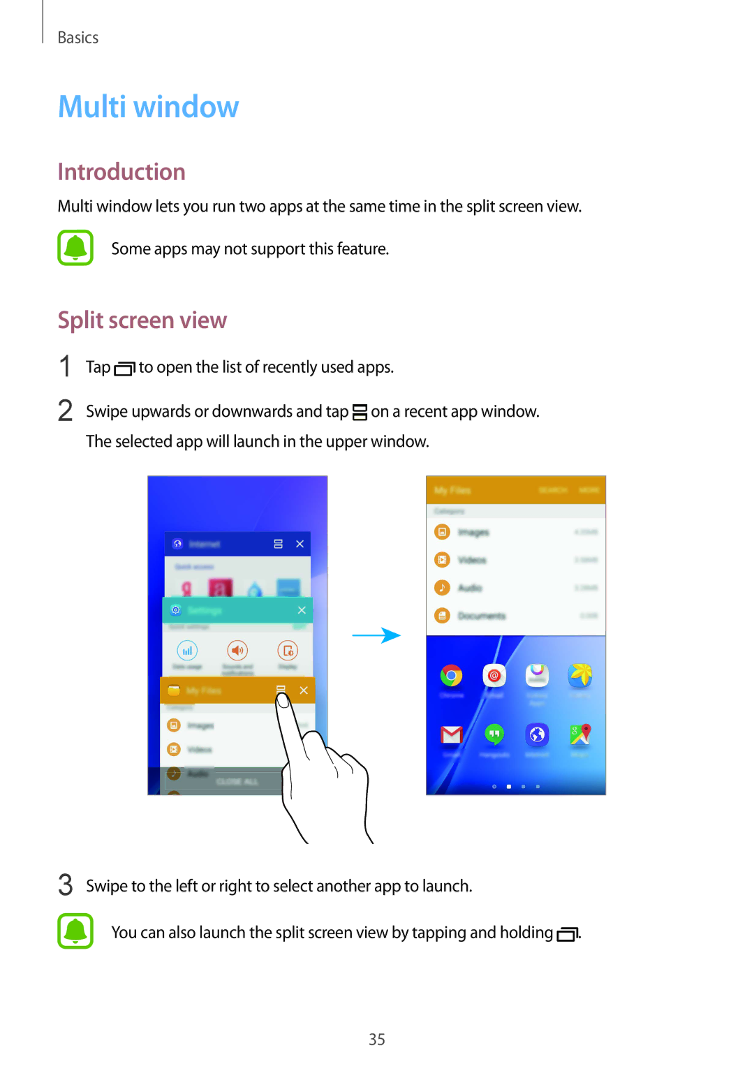 Samsung SM-A510FEDFKSA manual Multi window, Introduction, Split screen view, Tap to open the list of recently used apps 