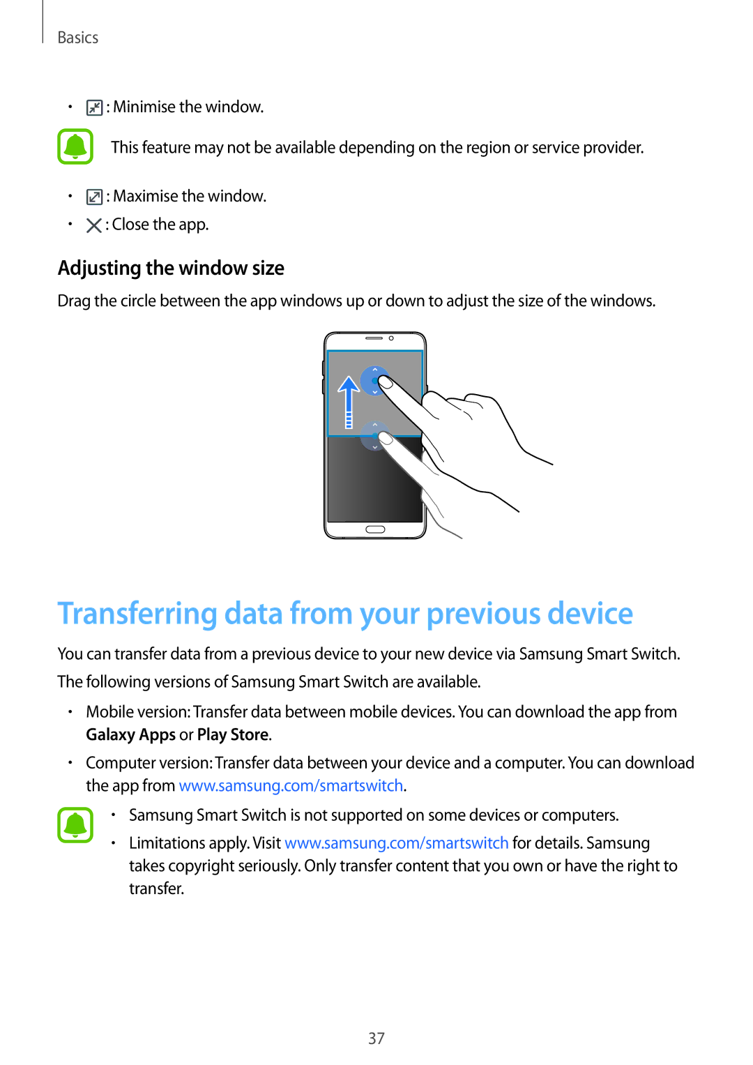 Samsung SM-A510FZWFKSA, SM-A510FEDFKSA manual Transferring data from your previous device, Adjusting the window size 