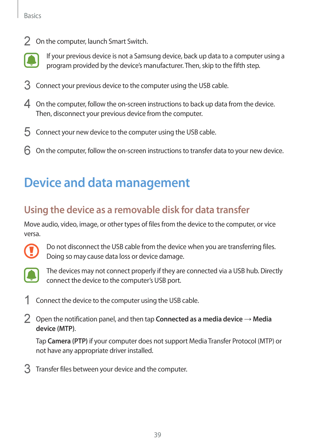 Samsung SM-A510FZDFXXV Device and data management, Using the device as a removable disk for data transfer, Device MTP 