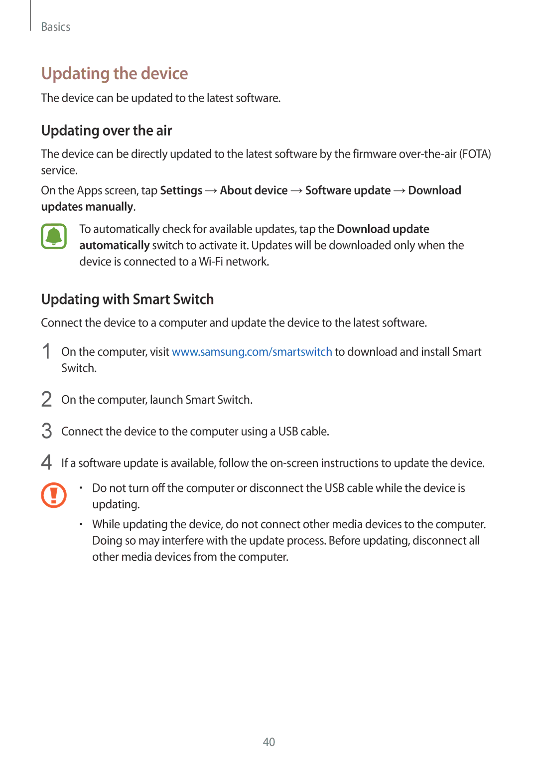 Samsung SM-A510FZKFXXV, SM-A510FEDFKSA manual Updating the device, Updating over the air, Updating with Smart Switch 