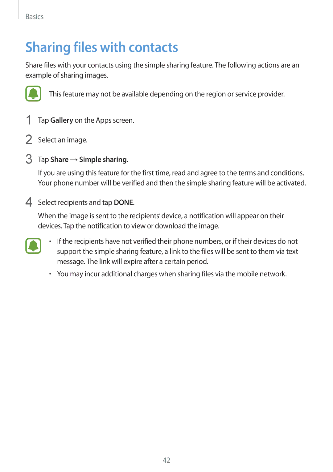 Samsung SM-A510FEDFKSA manual Sharing files with contacts, Tap Share →Simple sharing, Select recipients and tap Done 