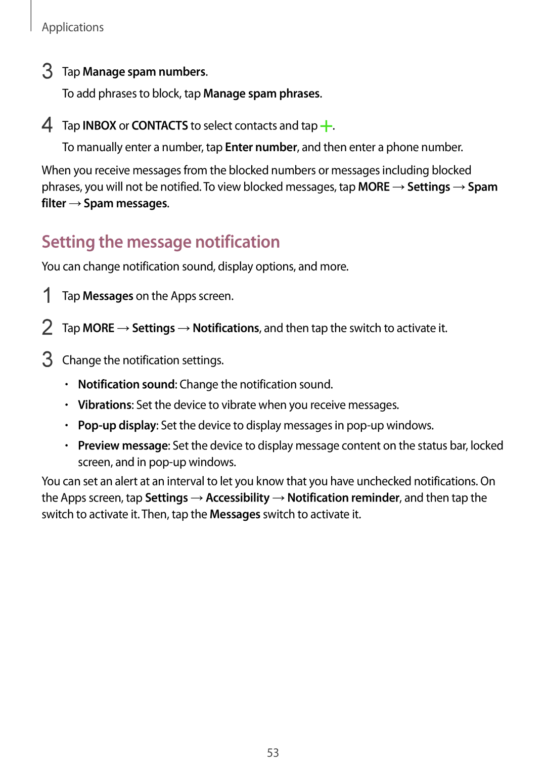 Samsung SM-A510FZDFXXV manual Setting the message notification, Tap Manage spam numbers, Change the notification settings 