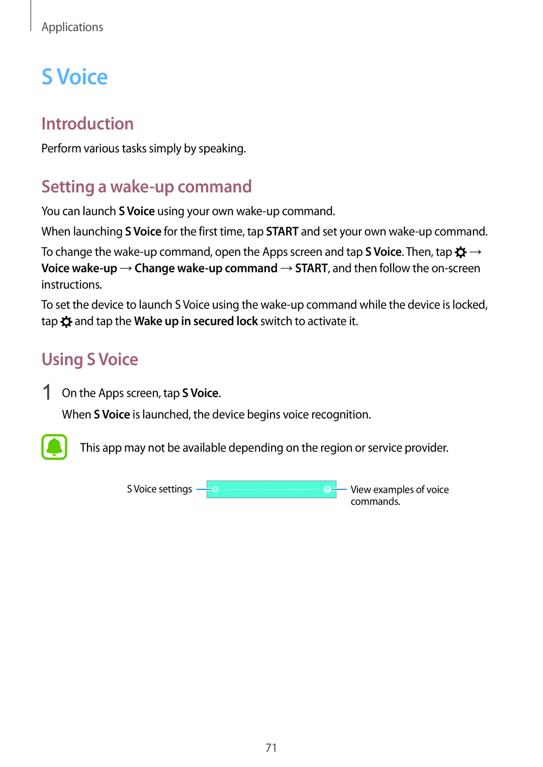 Samsung SM-A510FZKFKSA manual Setting a wake-up command, Using S Voice, Perform various tasks simply by speaking 