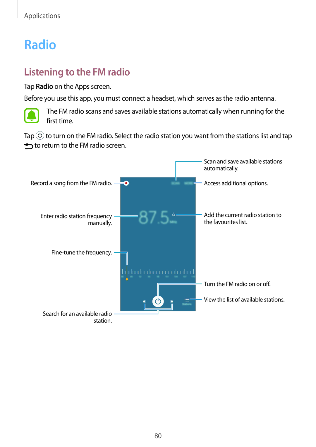 Samsung SM-A510FZDFKSA, SM-A510FEDFKSA, SM-A510FZKFKSA manual Listening to the FM radio, Tap Radio on the Apps screen 