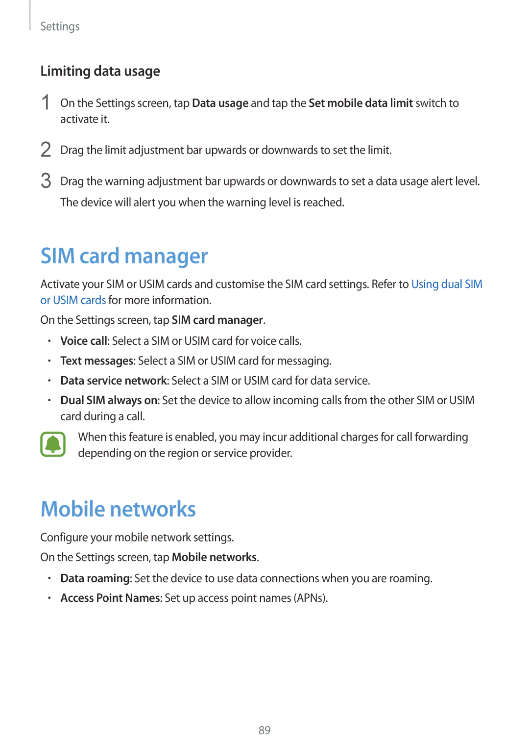 Samsung SM-A510FZKFXXV, SM-A510FEDFKSA, SM-A510FZKFKSA manual SIM card manager, Mobile networks, Limiting data usage 