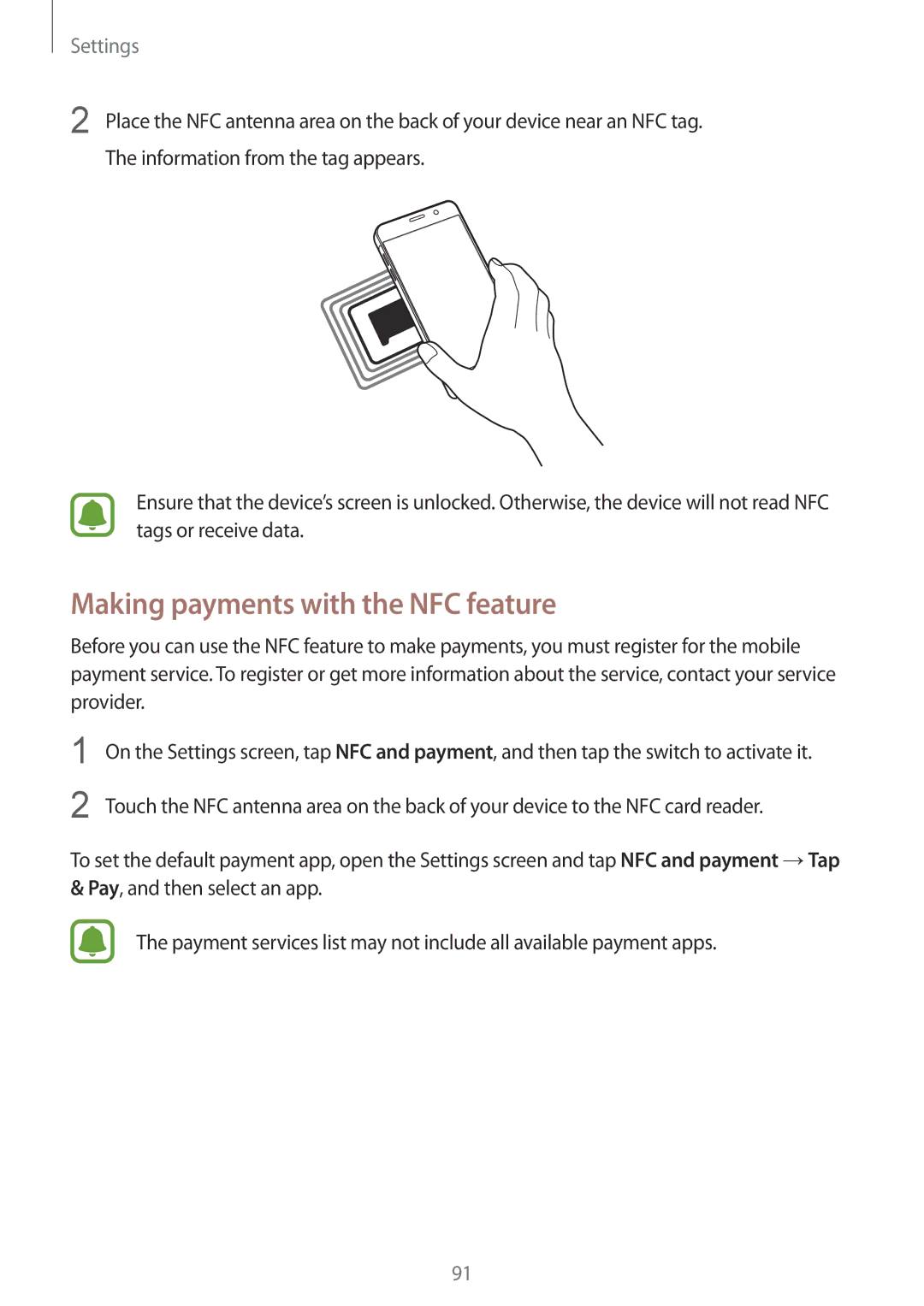 Samsung SM-A510FEDFKSA, SM-A510FZKFKSA, SM-A510FZWFKSA, SM-A510FZDFKSA, SM-A510FZDFXXV Making payments with the NFC feature 