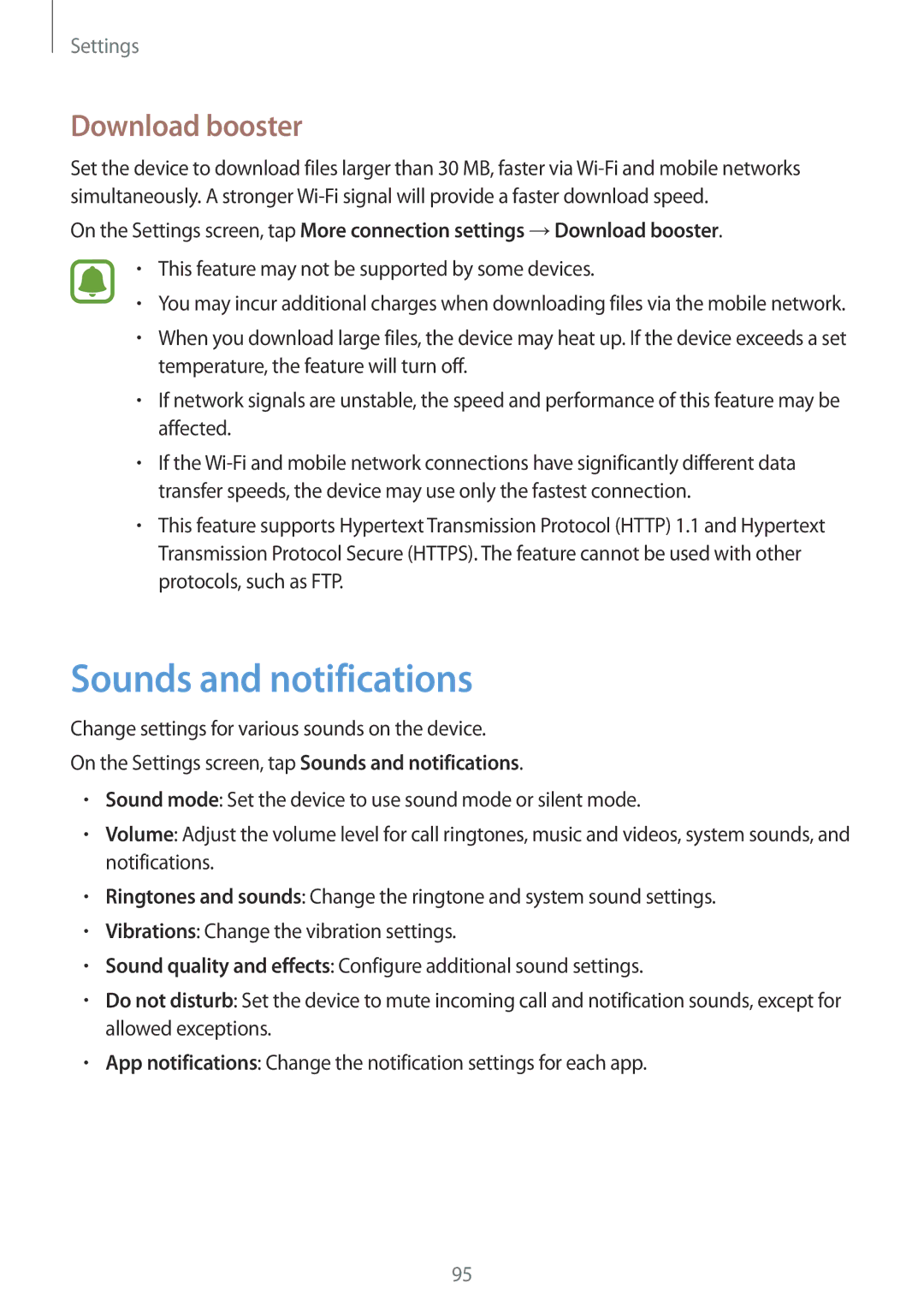 Samsung SM-A510FZDFXXV manual Sounds and notifications, Download booster, This feature may not be supported by some devices 