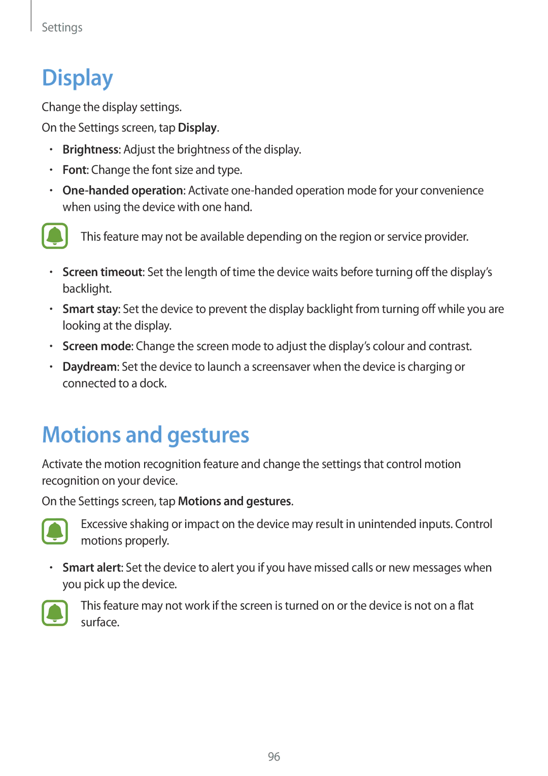 Samsung SM-A510FZKFXXV, SM-A510FEDFKSA, SM-A510FZKFKSA, SM-A510FZWFKSA, SM-A510FZDFKSA manual Display, Motions and gestures 