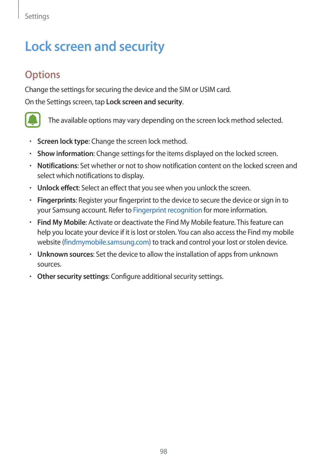 Samsung SM-A510FEDFKSA, SM-A510FZKFKSA, SM-A510FZWFKSA, SM-A510FZDFKSA, SM-A510FZDFXXV manual Lock screen and security, Options 