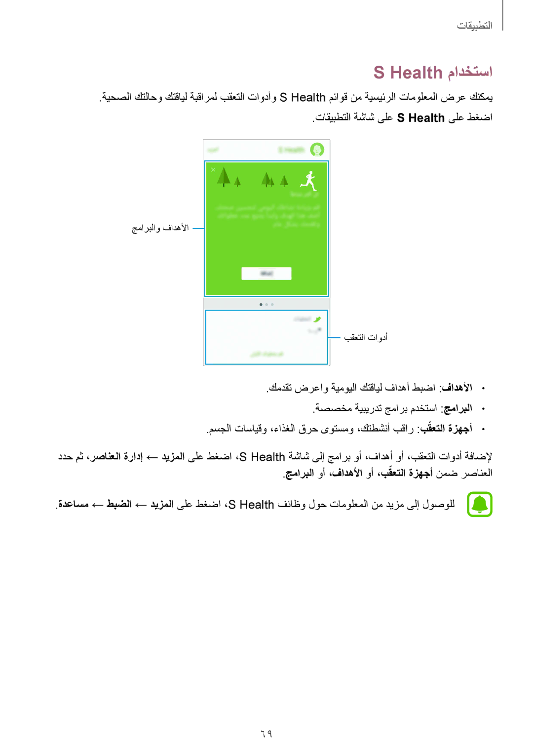 Samsung SM-A510FZKFKSA, SM-A510FEDFKSA, SM-A510FZWFKSA Health مادختسا, جماربلا وأ ،فادهلأا وأ ،بقعتلاّ ةزهجأ نمض رصانعلا 