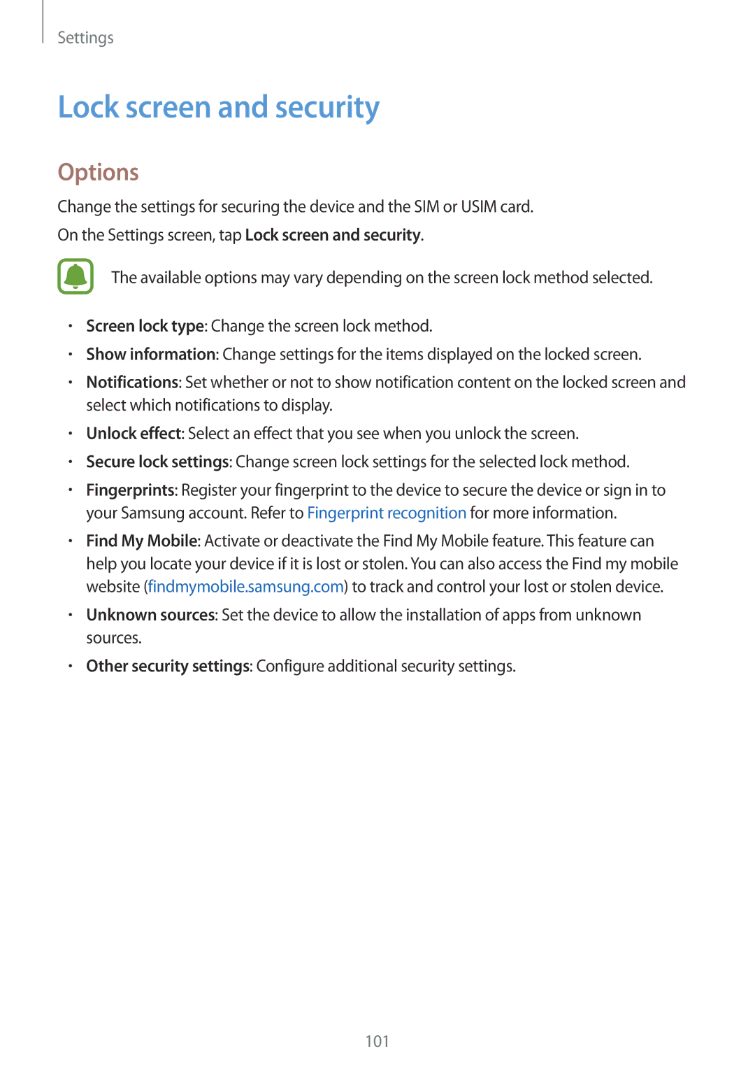 Samsung SM-A510FZDAITV, SM-A510FZDADBT, SM-A510FZWADBT, SM-A510FZKADBT, SM-A510FEDADBT manual Lock screen and security, Options 