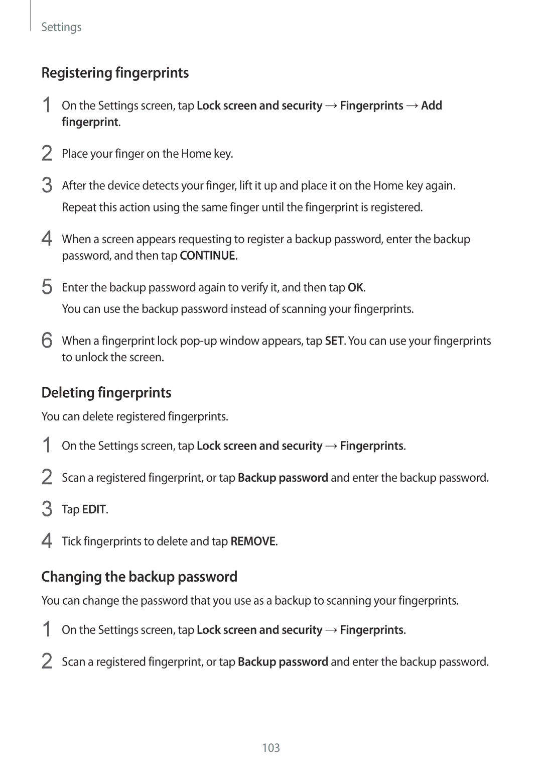 Samsung SM-A510FZKAITV, SM-A510FZDADBT manual Registering fingerprints, Deleting fingerprints, Changing the backup password 