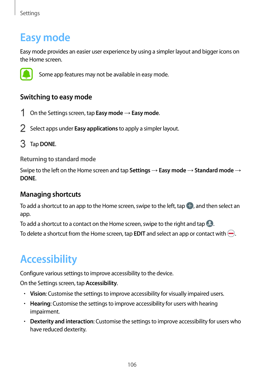 Samsung SM-A510FZKAPHE, SM-A510FZDADBT, SM-A510FZWADBT Easy mode, Accessibility, Switching to easy mode, Managing shortcuts 