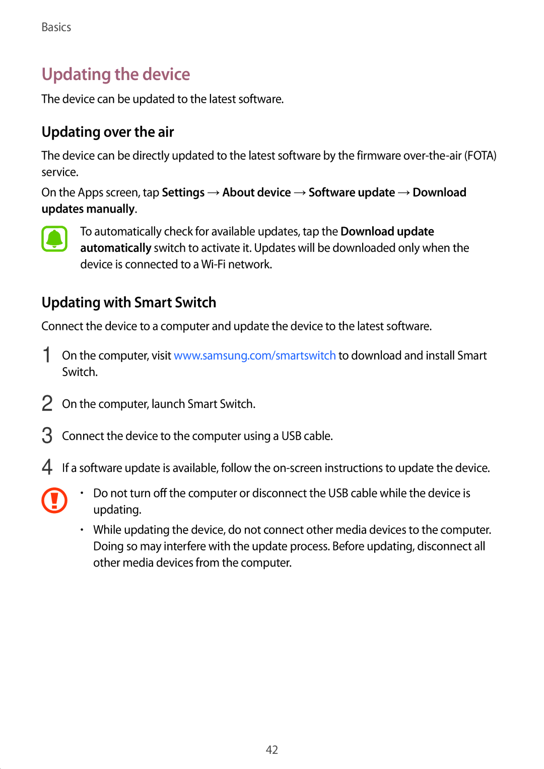 Samsung SM-A510FEDAPHE, SM-A510FZDADBT manual Updating the device, Updating over the air, Updating with Smart Switch 