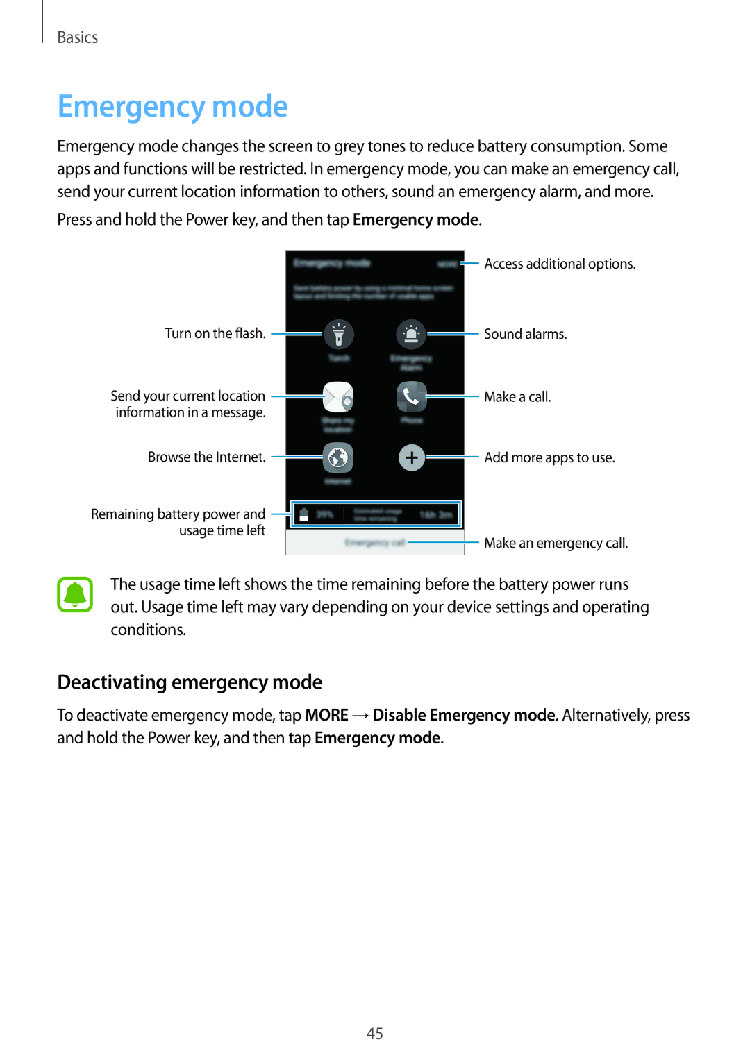 Samsung SM-A510FZDAPHE, SM-A510FZDADBT, SM-A510FZWADBT, SM-A510FZKADBT manual Emergency mode, Deactivating emergency mode 