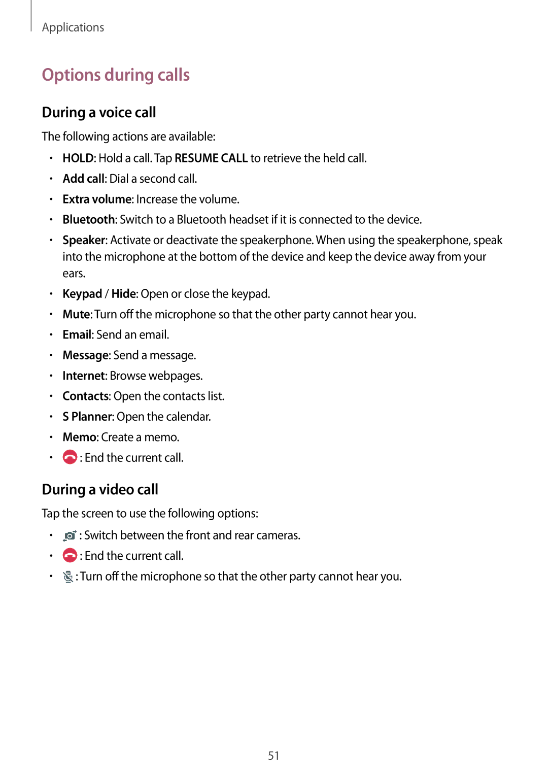 Samsung SM-A510FZKANEE, SM-A510FZDADBT, SM-A510FZWADBT manual Options during calls, During a voice call, During a video call 