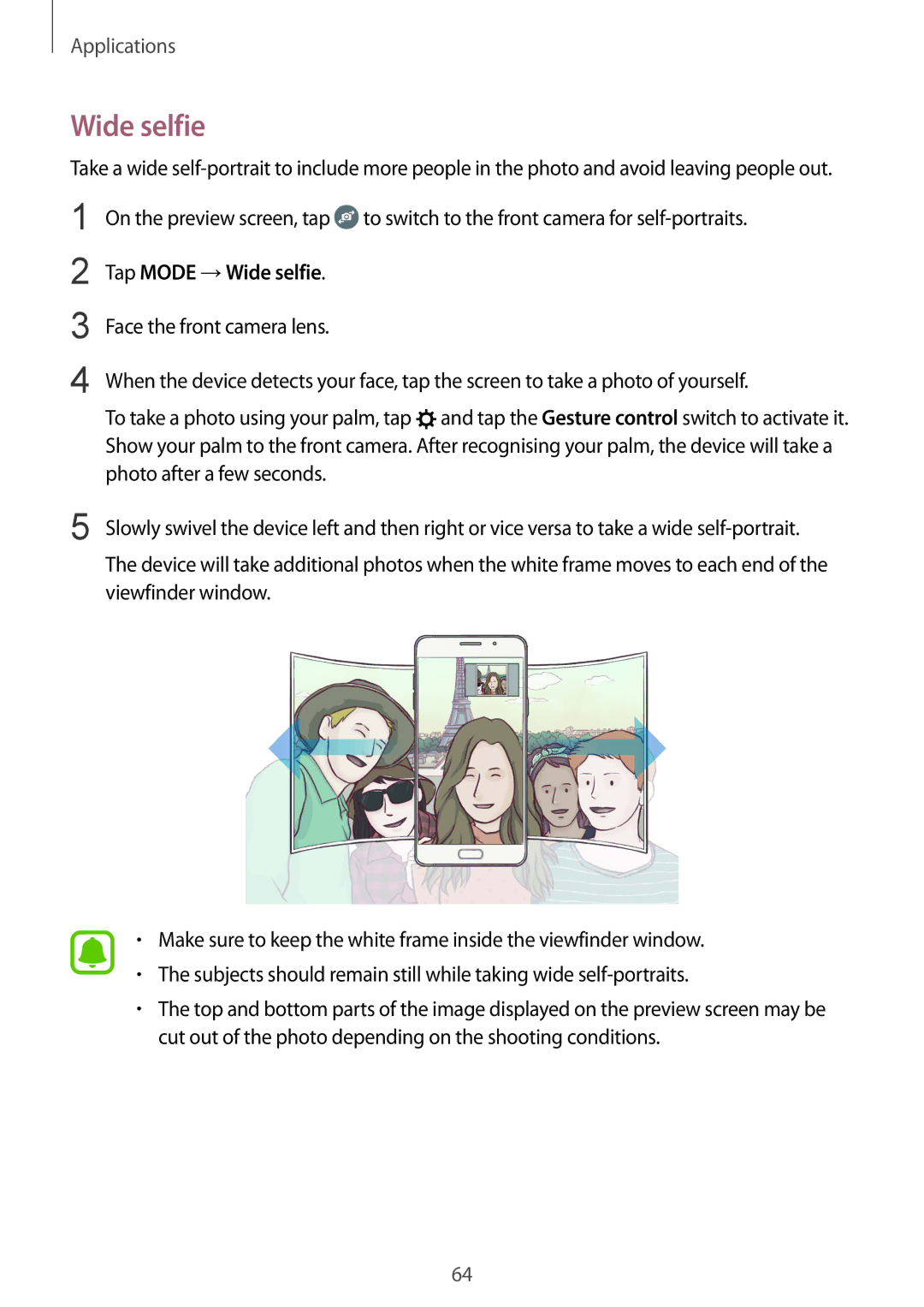 Samsung SM-A510FZKADBT, SM-A510FZDADBT, SM-A510FZWADBT, SM-A510FEDADBT, SM-A510FZKAXEF manual Tap Mode →Wide selfie 