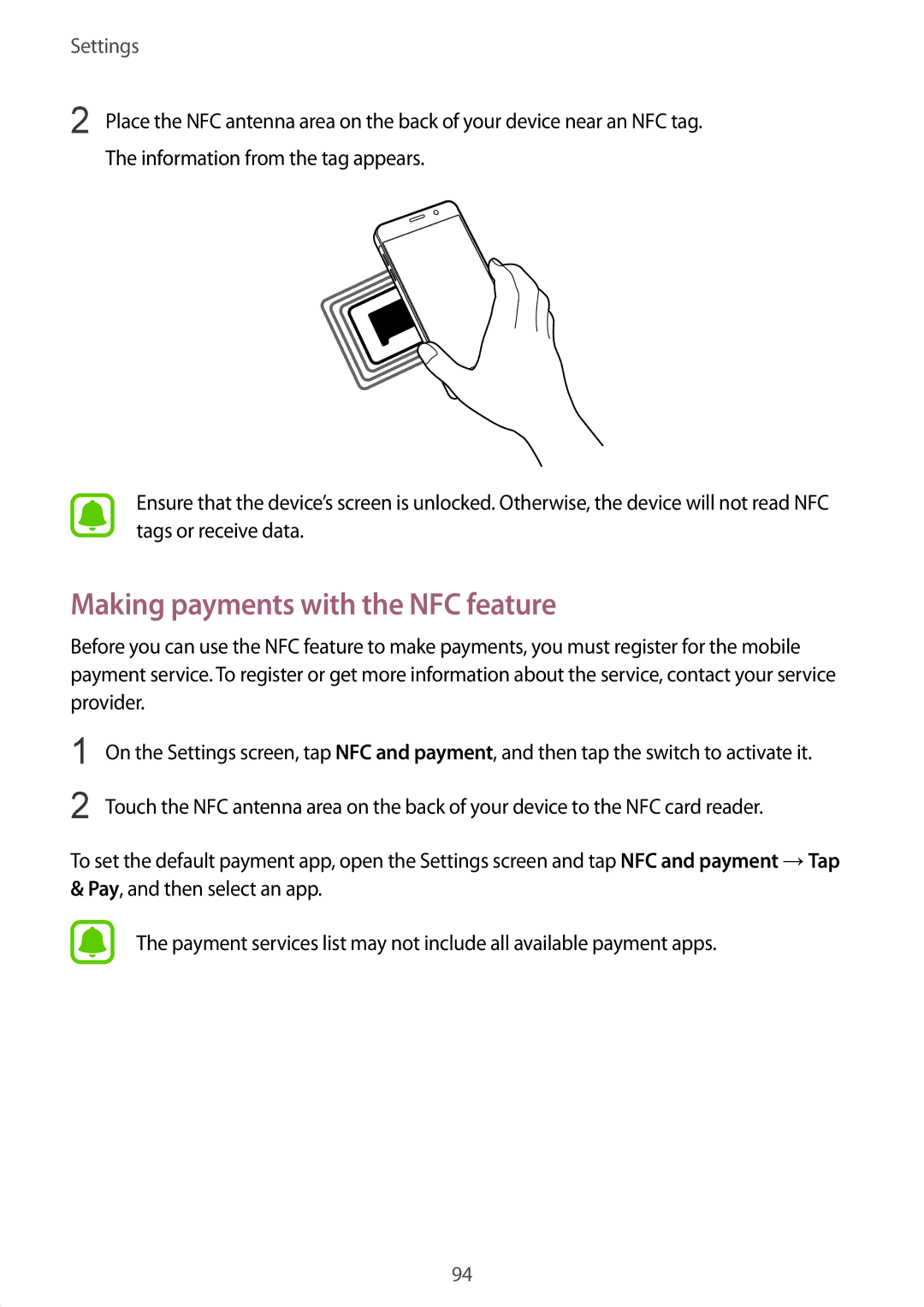 Samsung SM-A510FZWADBT, SM-A510FZDADBT, SM-A510FZKADBT, SM-A510FEDADBT, SM-A510FZKAXEF Making payments with the NFC feature 