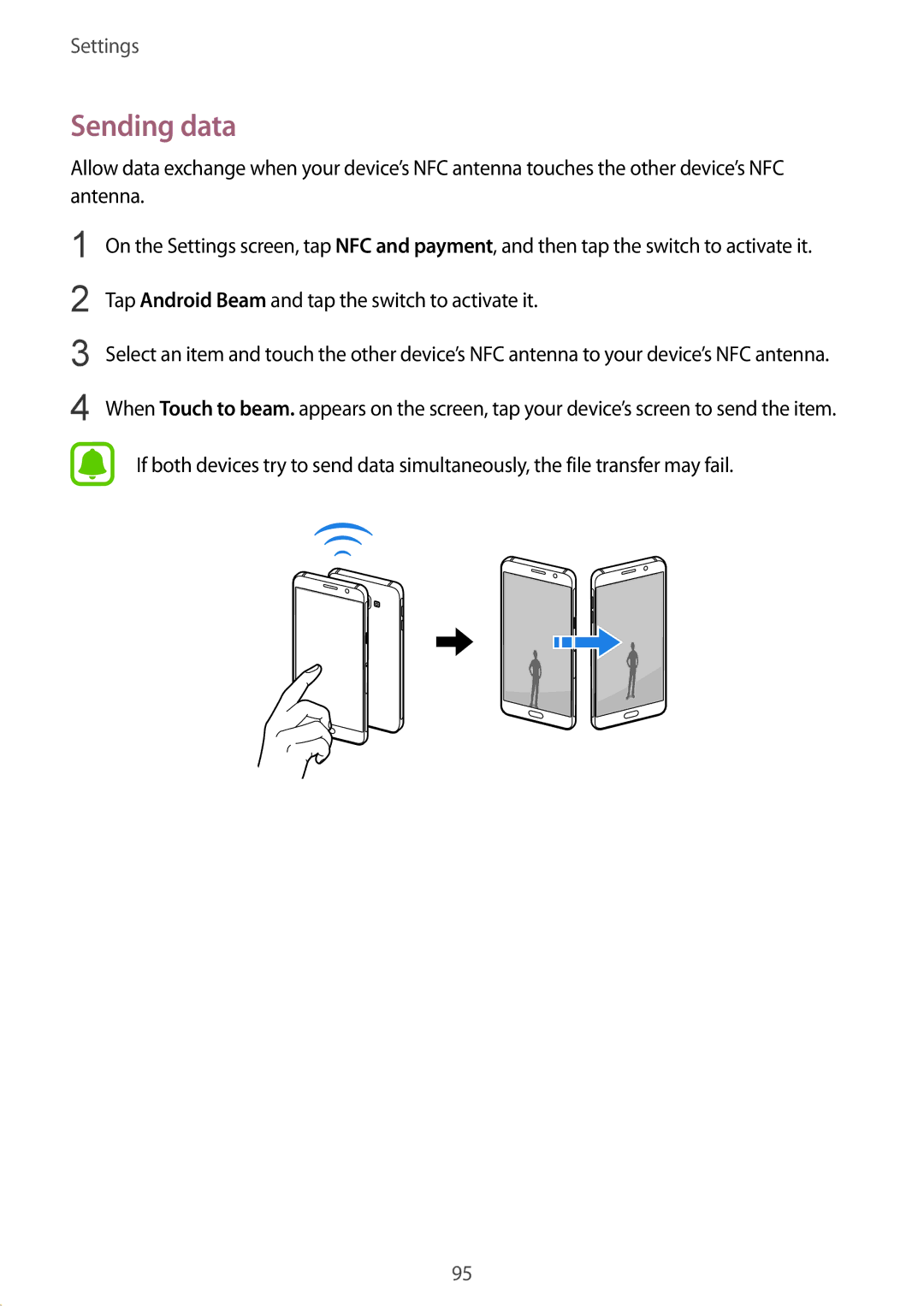 Samsung SM-A510FZKADBT, SM-A510FZDADBT, SM-A510FZWADBT Sending data, Tap Android Beam and tap the switch to activate it 