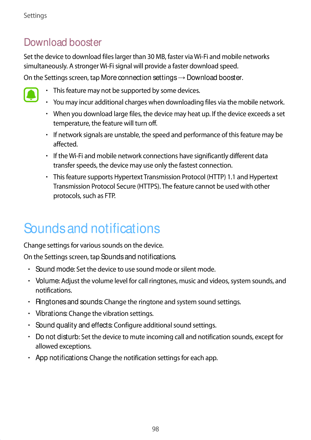 Samsung SM-A510FZDAXEF, SM-A510FZDADBT, SM-A510FZWADBT, SM-A510FZKADBT manual Sounds and notifications, Download booster 