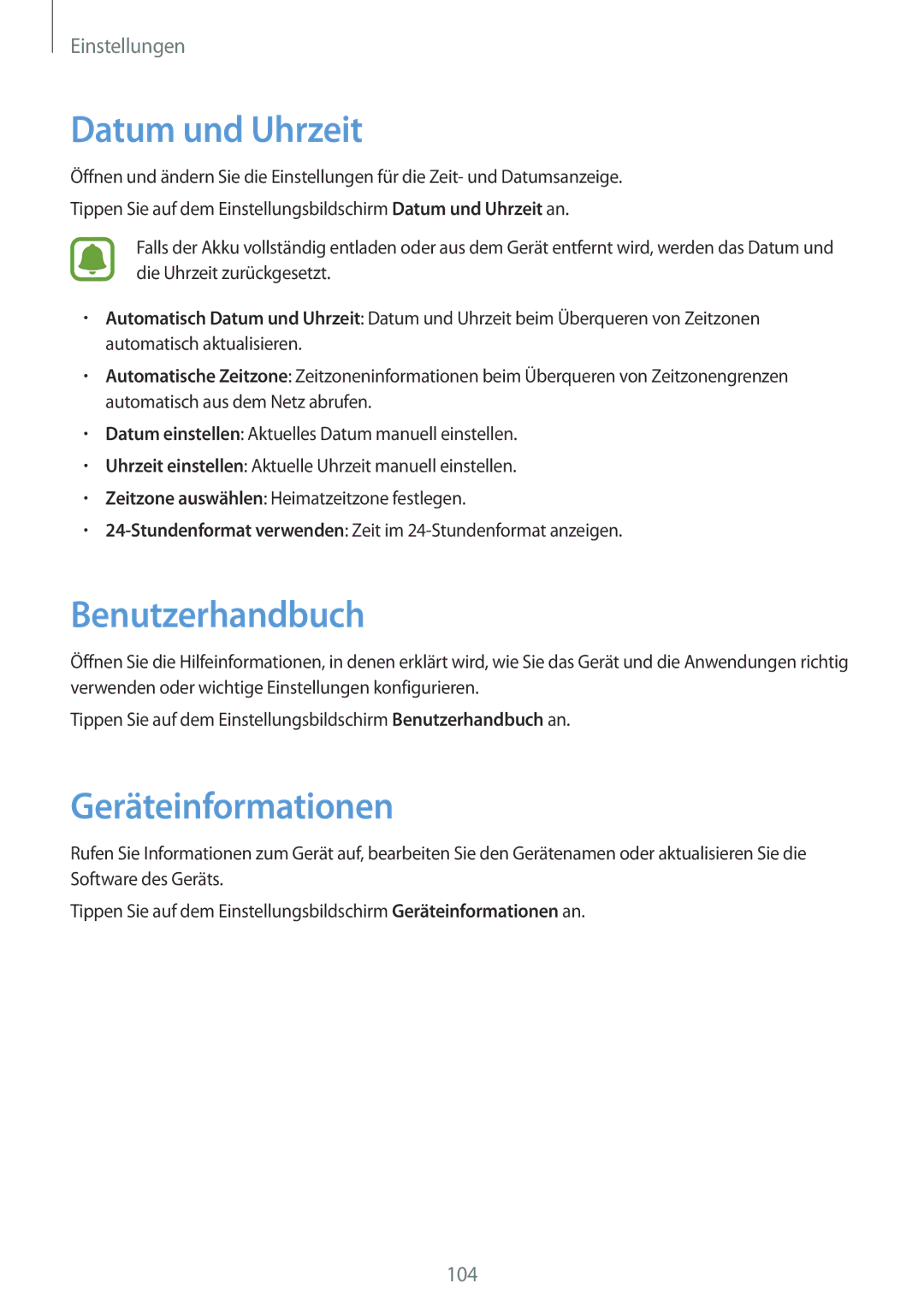 Samsung SM-A510FZDADBT, SM-A510FZWADBT, SM-A510FZKADBT manual Datum und Uhrzeit, Benutzerhandbuch, Geräteinformationen 