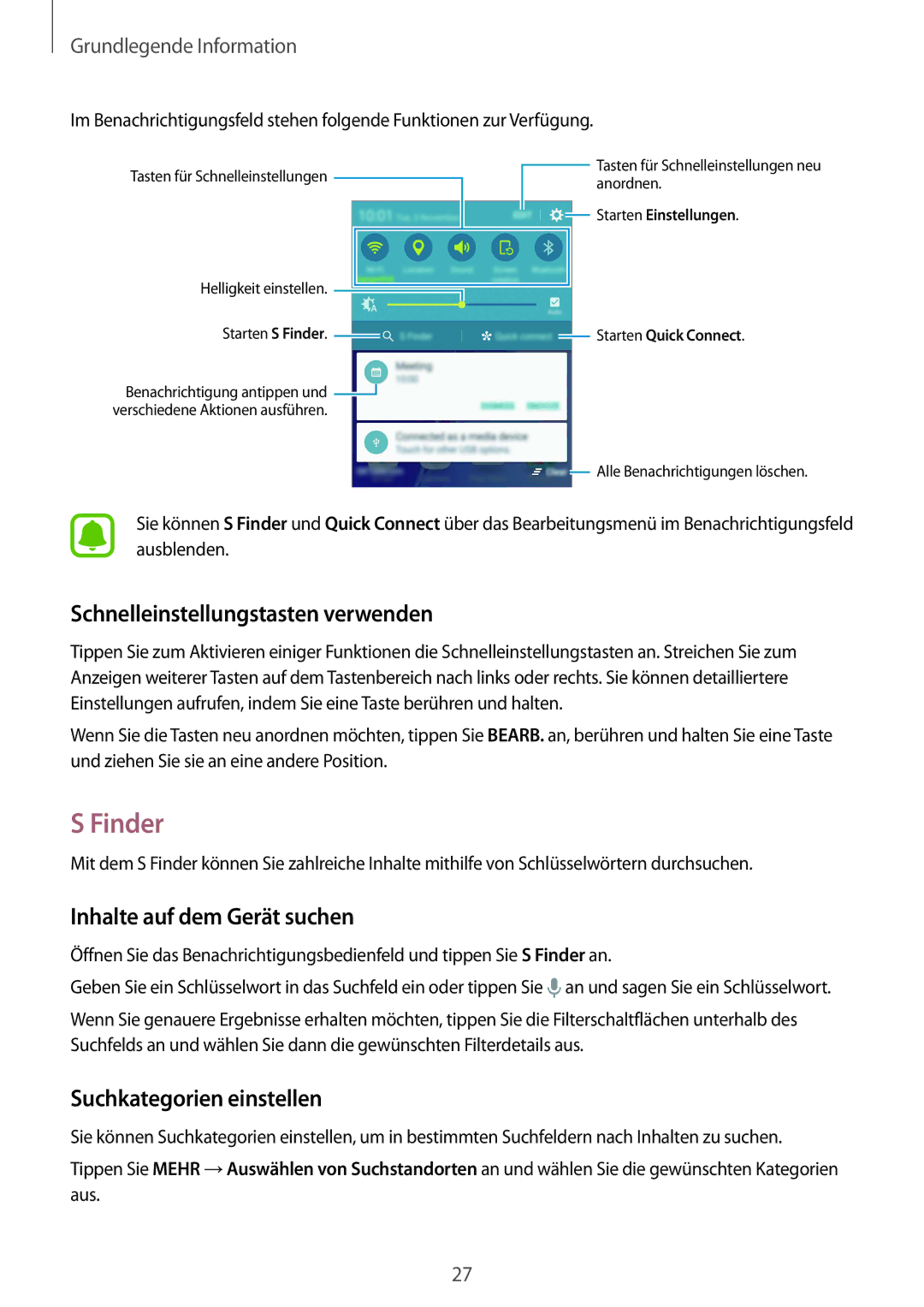 Samsung SM-A510FEDADBT, SM-A510FZDADBT manual Finder, Schnelleinstellungstasten verwenden, Inhalte auf dem Gerät suchen 