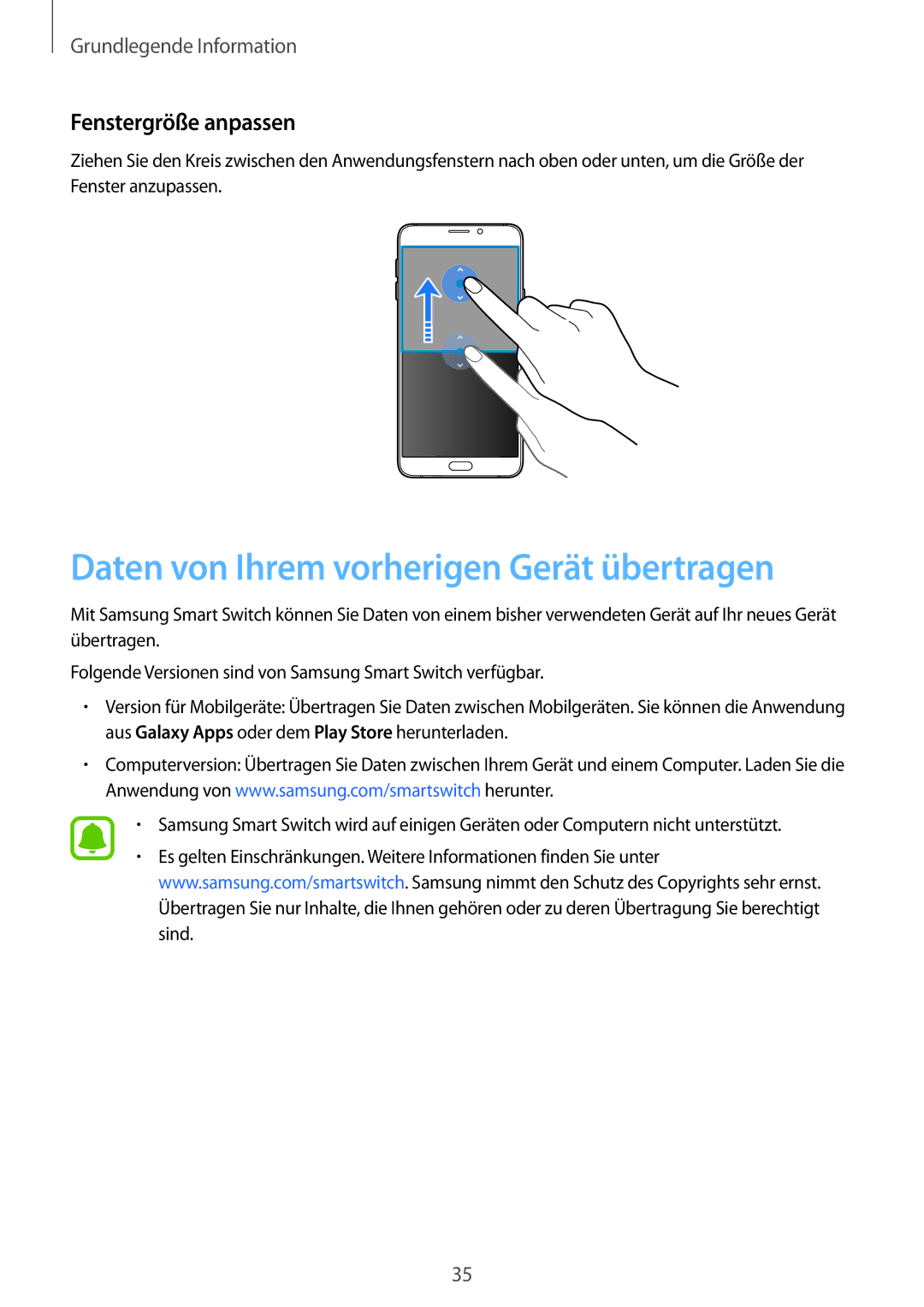 Samsung SM-A510FEDADBT, SM-A510FZDADBT, SM-A510FZWADBT Daten von Ihrem vorherigen Gerät übertragen, Fenstergröße anpassen 