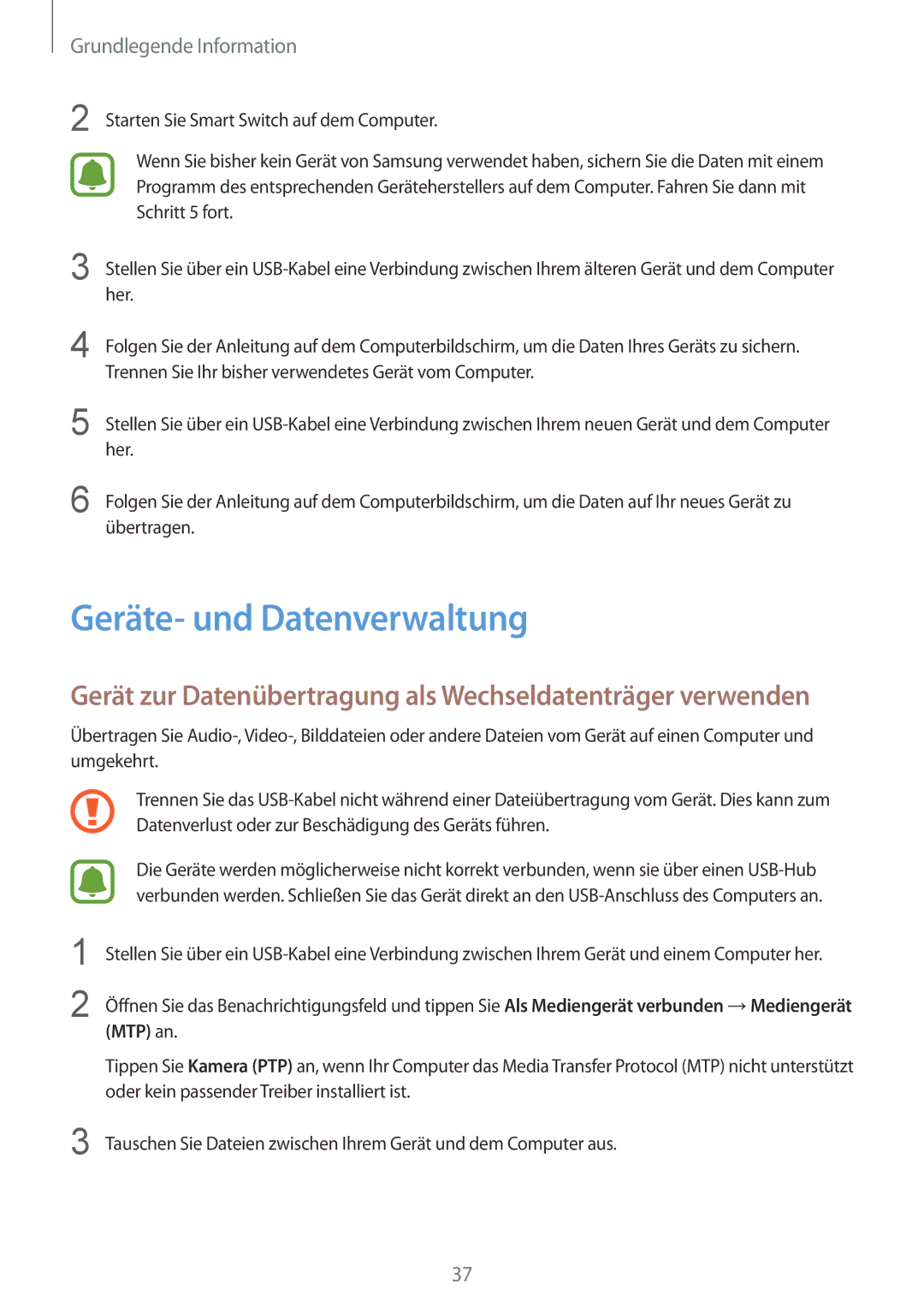 Samsung SM-A510FZWADBT manual Geräte- und Datenverwaltung, Gerät zur Datenübertragung als Wechseldatenträger verwenden 