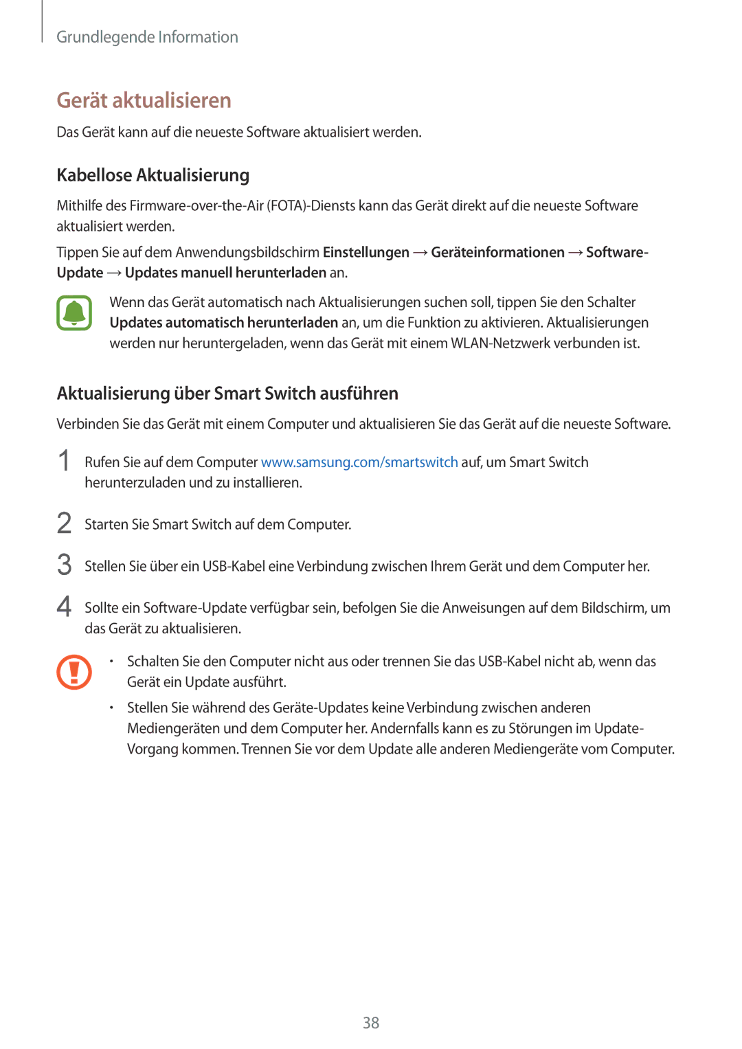 Samsung SM-A510FZKADBT manual Gerät aktualisieren, Kabellose Aktualisierung, Aktualisierung über Smart Switch ausführen 