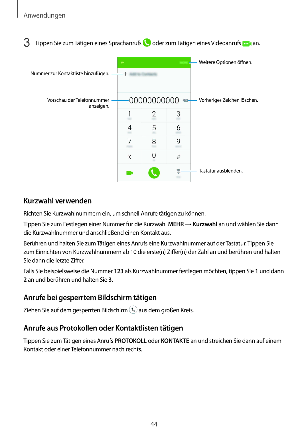 Samsung SM-A510FZDADBT, SM-A510FZWADBT, SM-A510FZKADBT manual Kurzwahl verwenden, Anrufe bei gesperrtem Bildschirm tätigen 