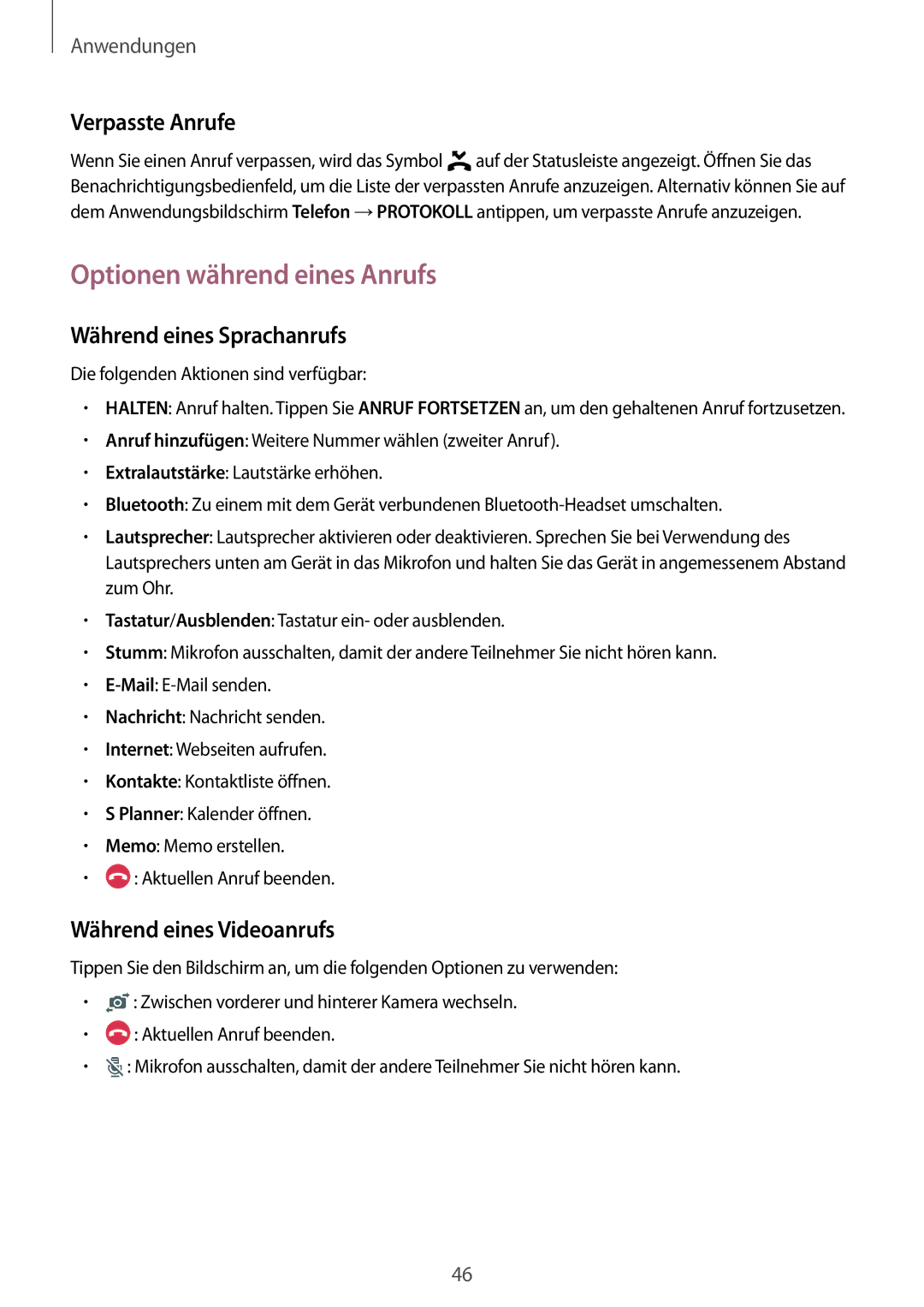 Samsung SM-A510FZKADBT, SM-A510FZDADBT manual Optionen während eines Anrufs, Verpasste Anrufe, Während eines Sprachanrufs 