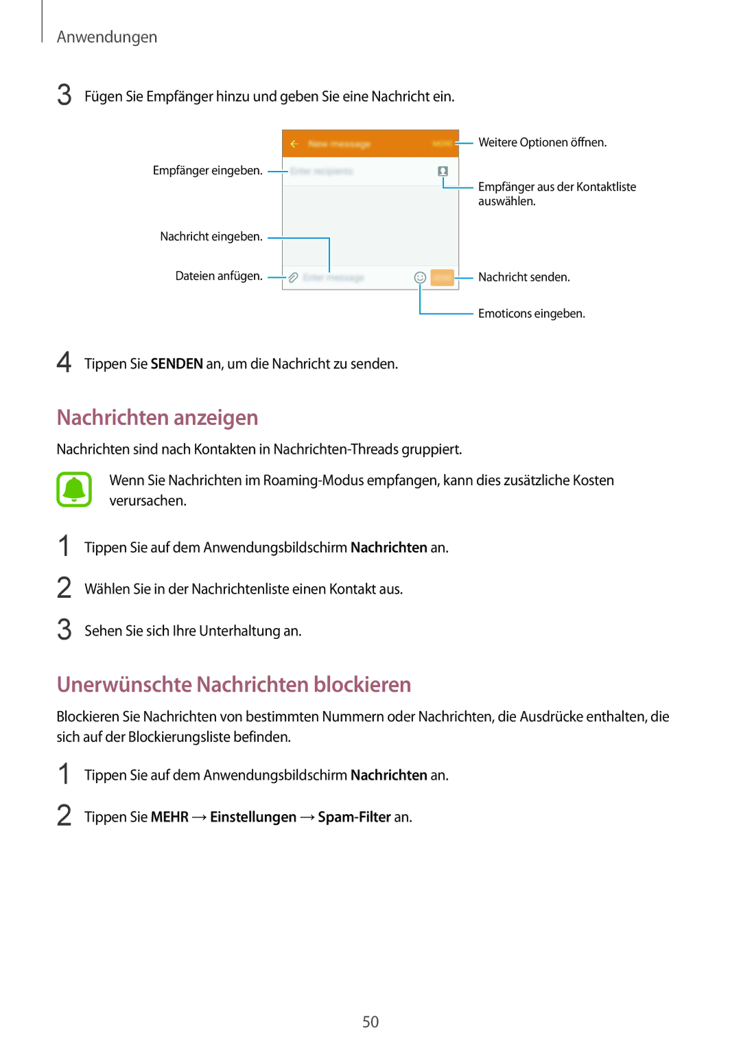 Samsung SM-A510FZKADBT, SM-A510FZDADBT, SM-A510FZWADBT manual Nachrichten anzeigen, Unerwünschte Nachrichten blockieren 