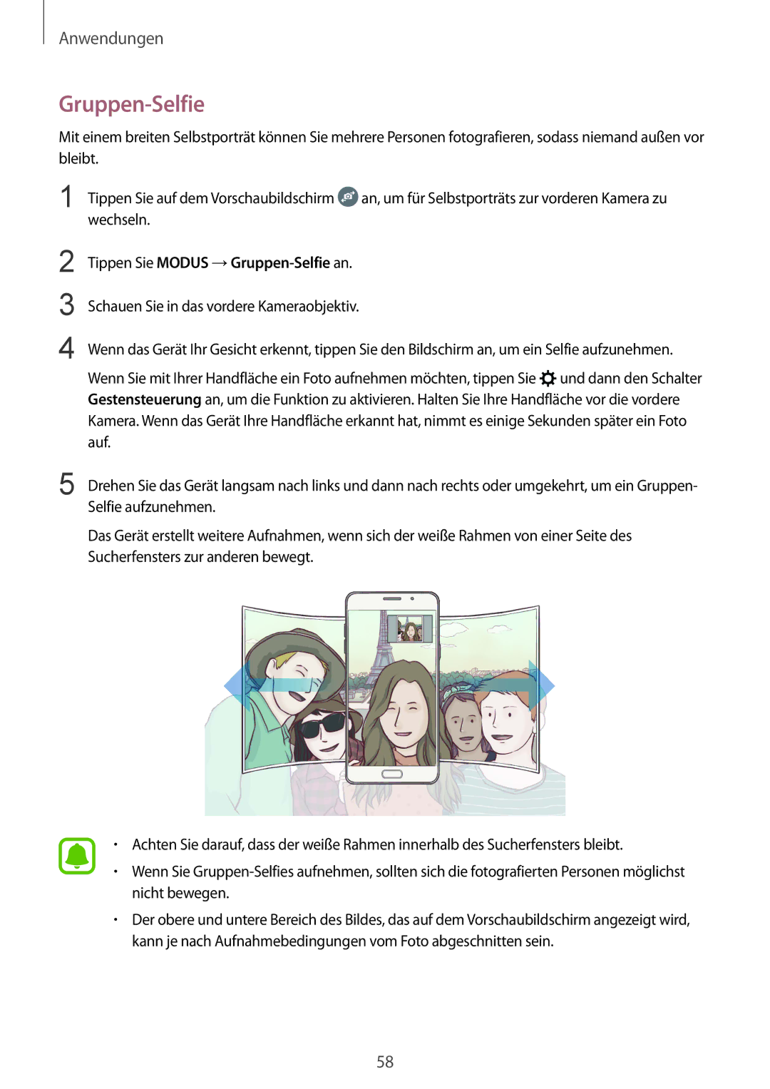 Samsung SM-A510FZKADBT, SM-A510FZDADBT, SM-A510FZWADBT, SM-A510FEDADBT manual Tippen Sie Modus →Gruppen-Selfie an 