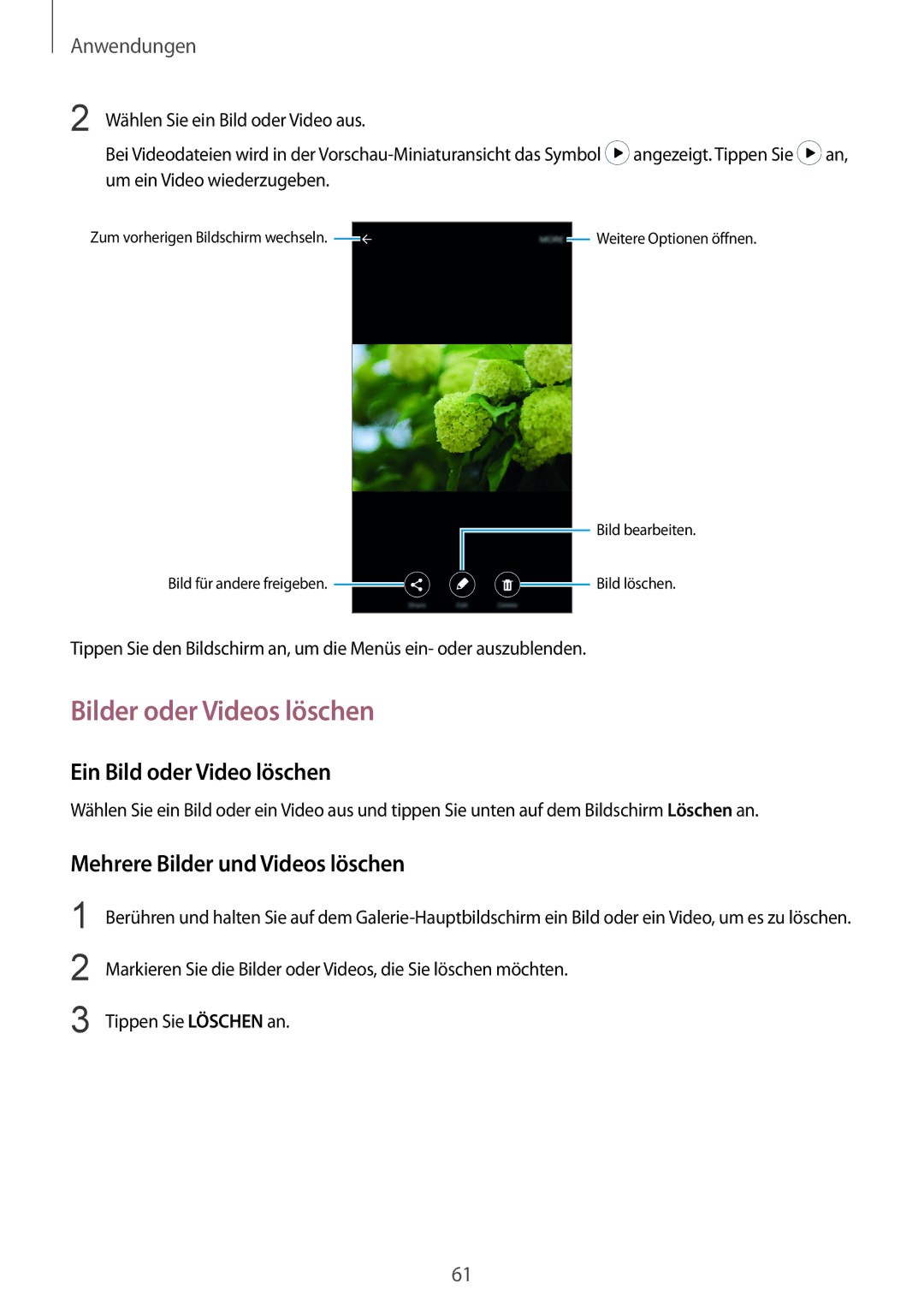 Samsung SM-A510FZWADBT manual Bilder oder Videos löschen, Ein Bild oder Video löschen, Mehrere Bilder und Videos löschen 