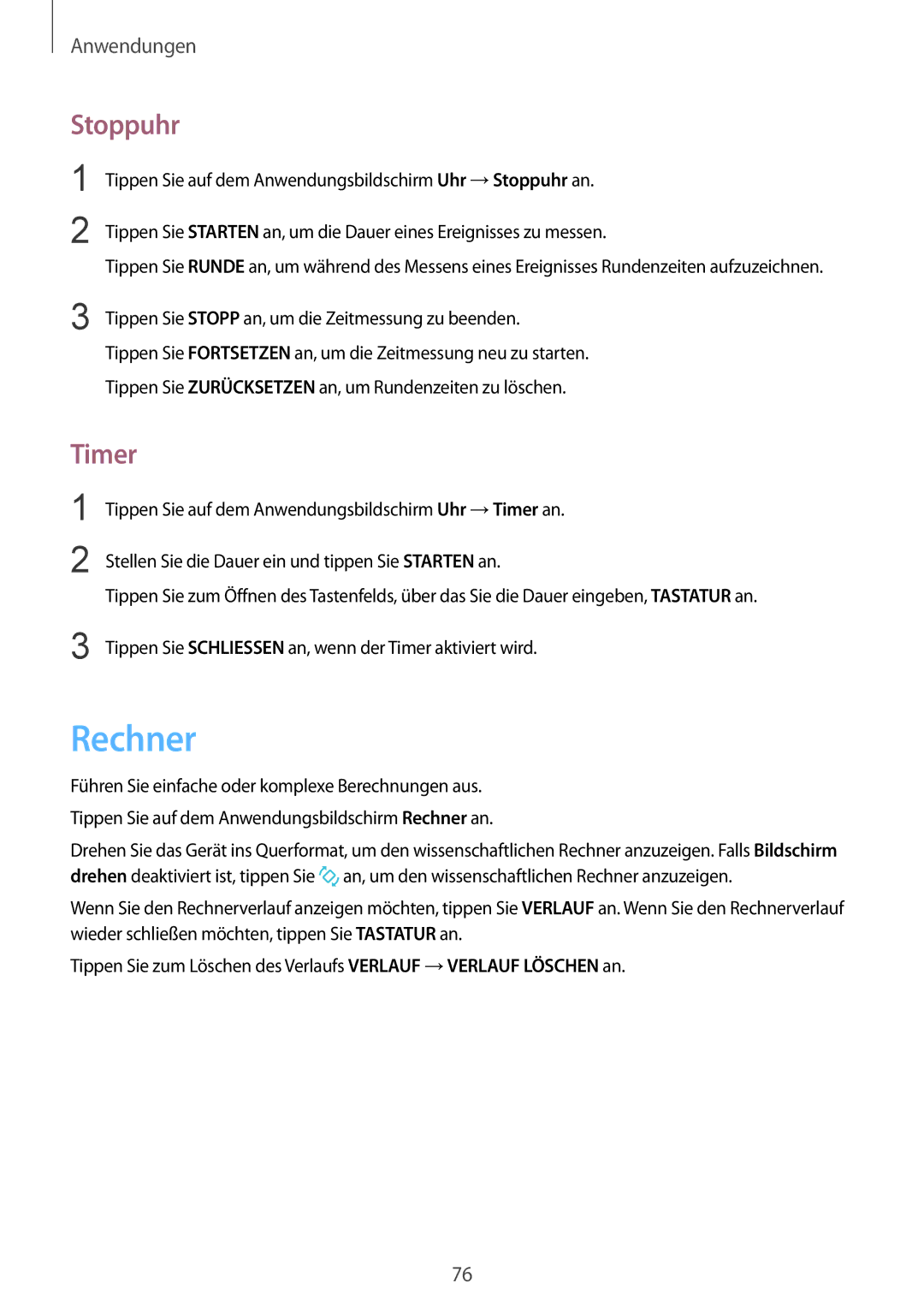 Samsung SM-A510FZDADBT, SM-A510FZWADBT, SM-A510FZKADBT, SM-A510FEDADBT manual Rechner, Stoppuhr, Timer 