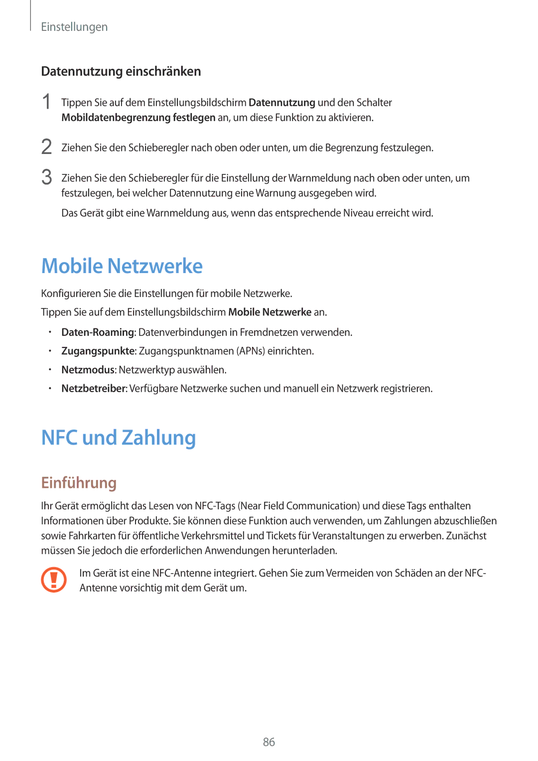 Samsung SM-A510FZKADBT, SM-A510FZDADBT, SM-A510FZWADBT manual Mobile Netzwerke, NFC und Zahlung, Datennutzung einschränken 